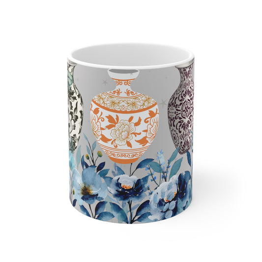 Modern Still Life Scene with Colored China Vases and Blue Flowers Ceramic Mug by ViralDestinations™