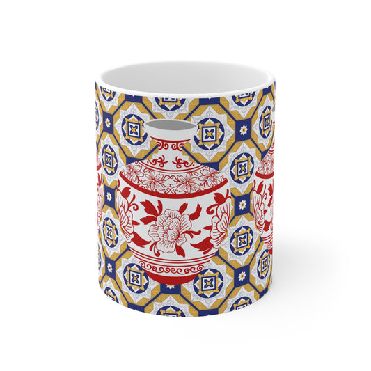 Floral Tile Patterned Red Vase Interior Decor Still Life Premium Quality Ceramic Mug