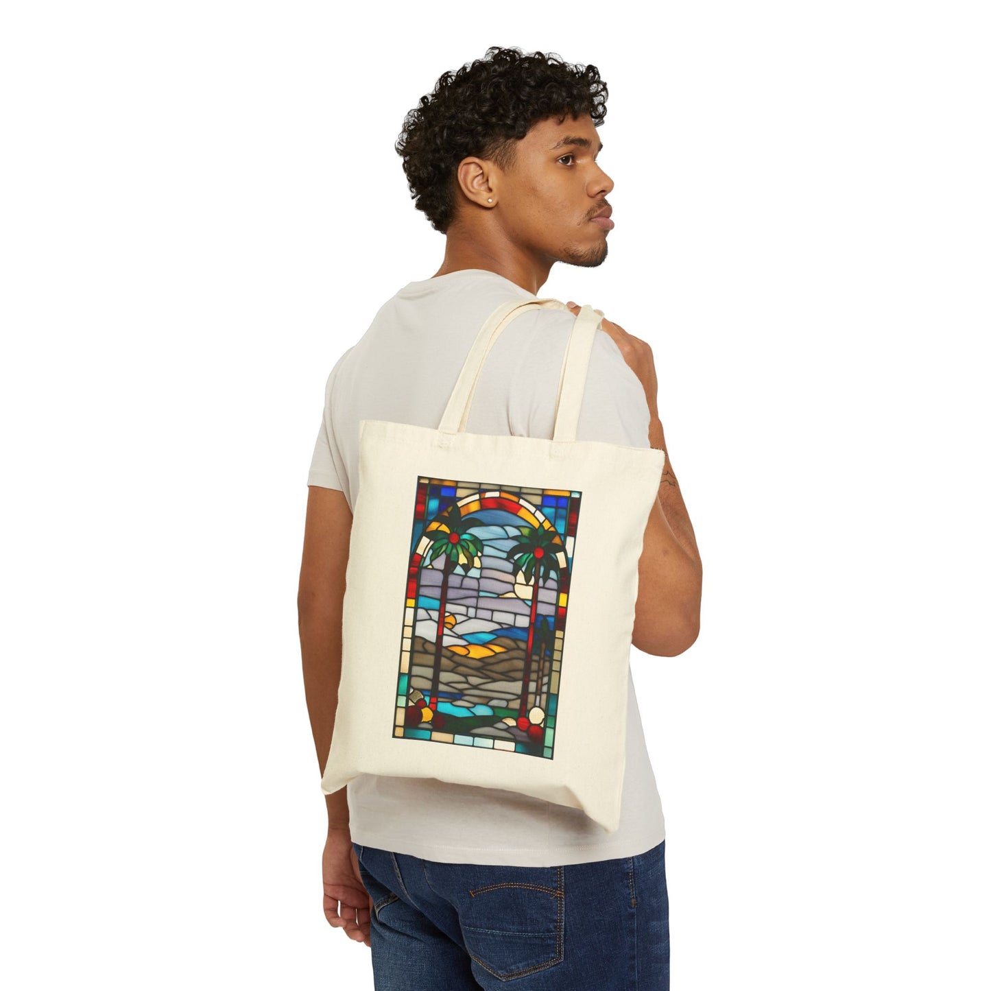 ViralDestinations Tiffany Style Stained Glass Palm Tree Cotton Canvas Tote Bag - Eco-Friendly Beach Accessory