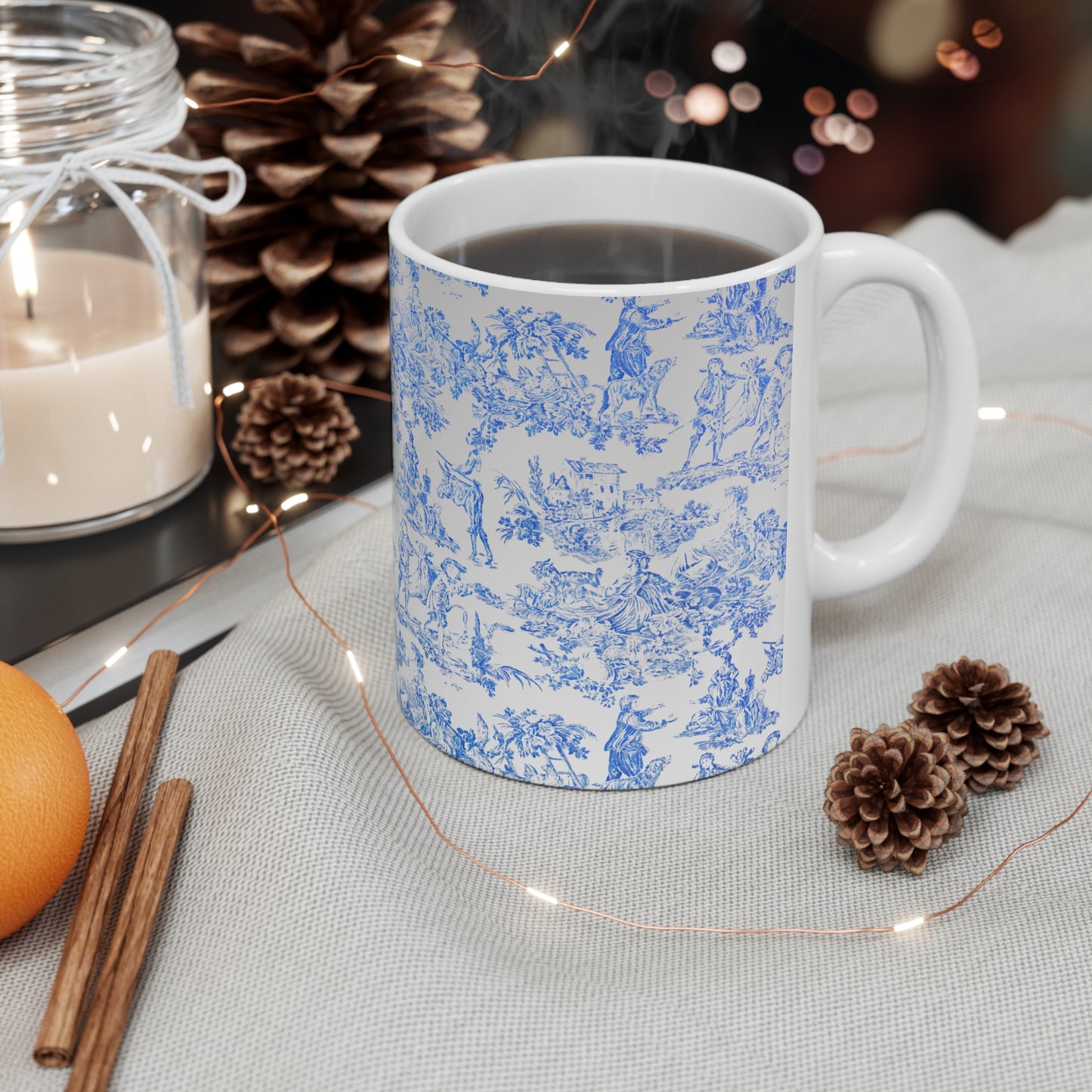 Toile de Jouy French Country Scene Ceramic Mug by ViralDestinations™ - light blue