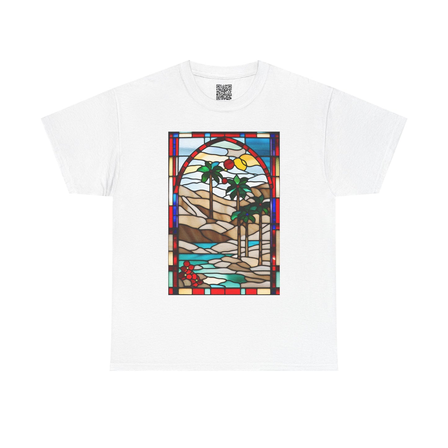 ViralDestations Tiffany Style Stained Glass Ocean Sunset Tee - Unisex Heavy Cotton T-Shirt with Relaxing Beach Scene