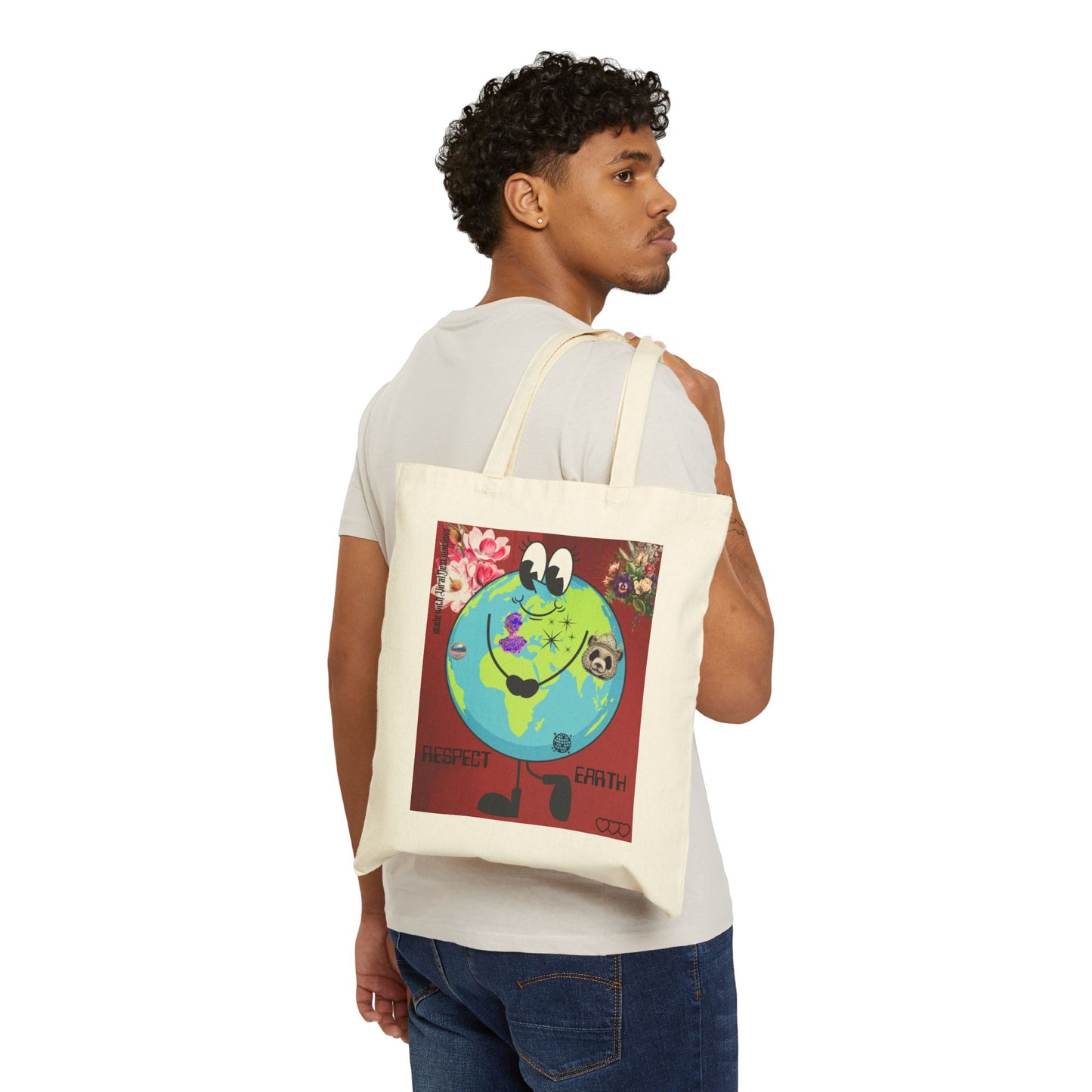 ViralDestination Respect Earth Cotton Canvas Tote Bag - Eco-Friendly Shopping Bag for Nature Lovers (red)