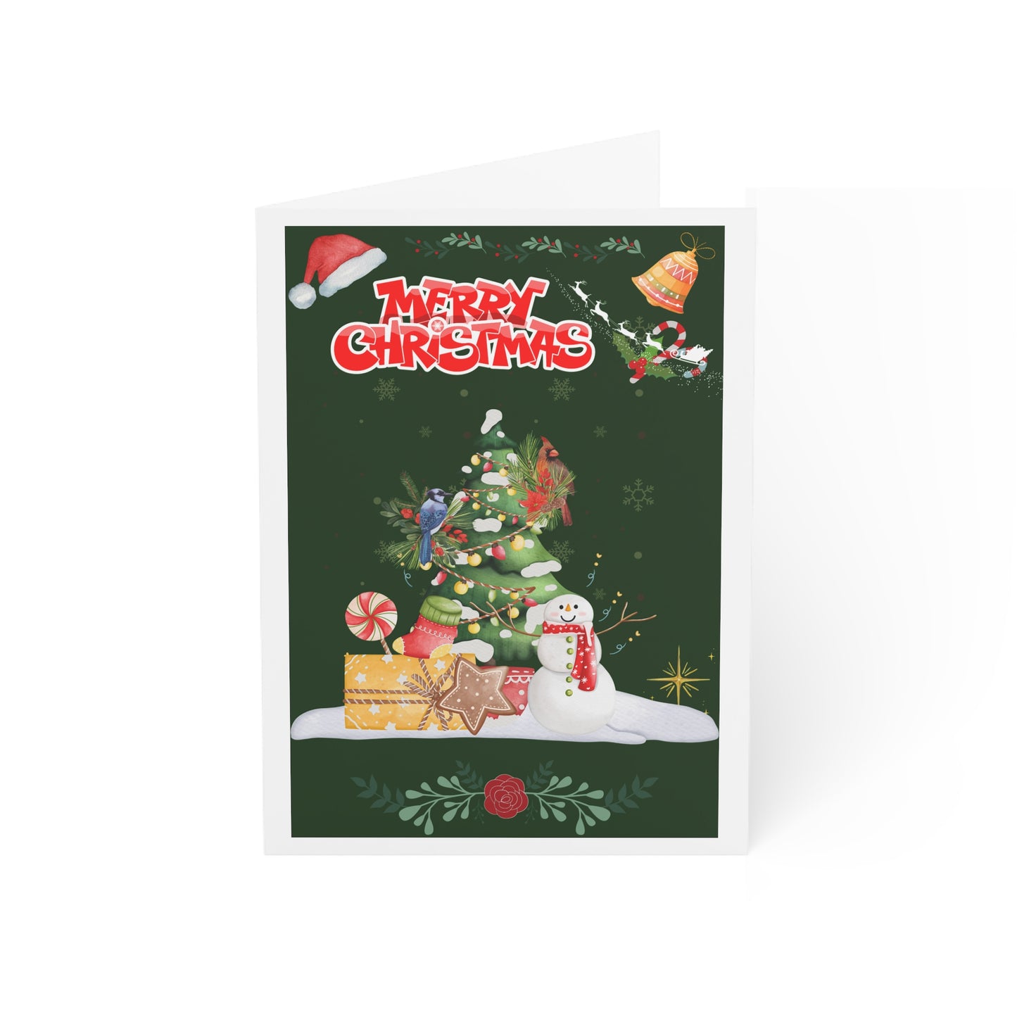 Merry Christmas Holiday Greeting Cards Melting Snowman Birds Party 10pcs w/ envelopes by ViralDestinations - green w/ borders