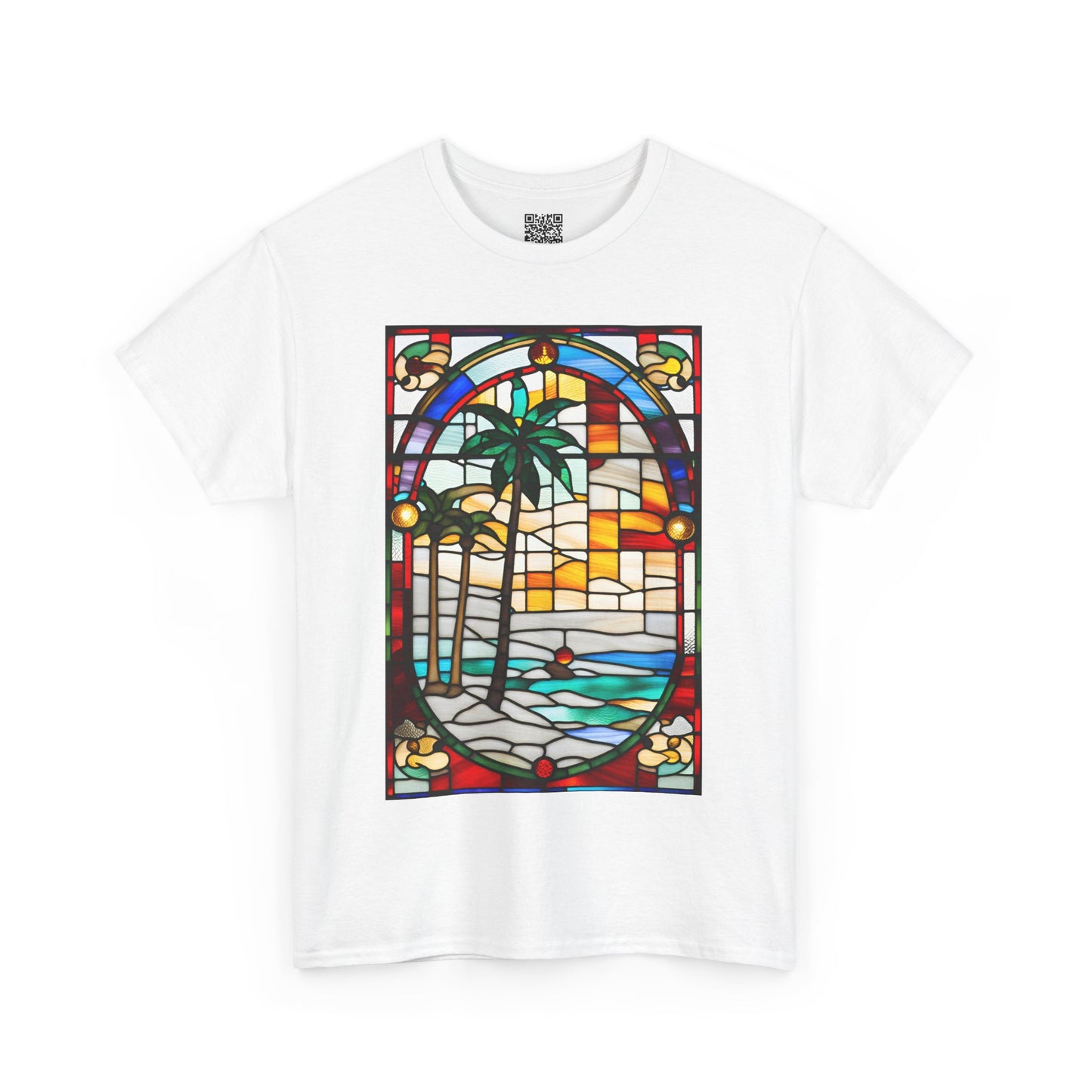 ViralDestations Tiffany Style Stained Glass Ocean Sunset Tee - Unisex Heavy Cotton T-Shirt with Relaxing Beach Scene