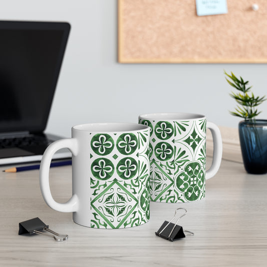 Green Wash Floral Tile Patterned Interior Decor Still Life Premium Quality Ceramic Mug