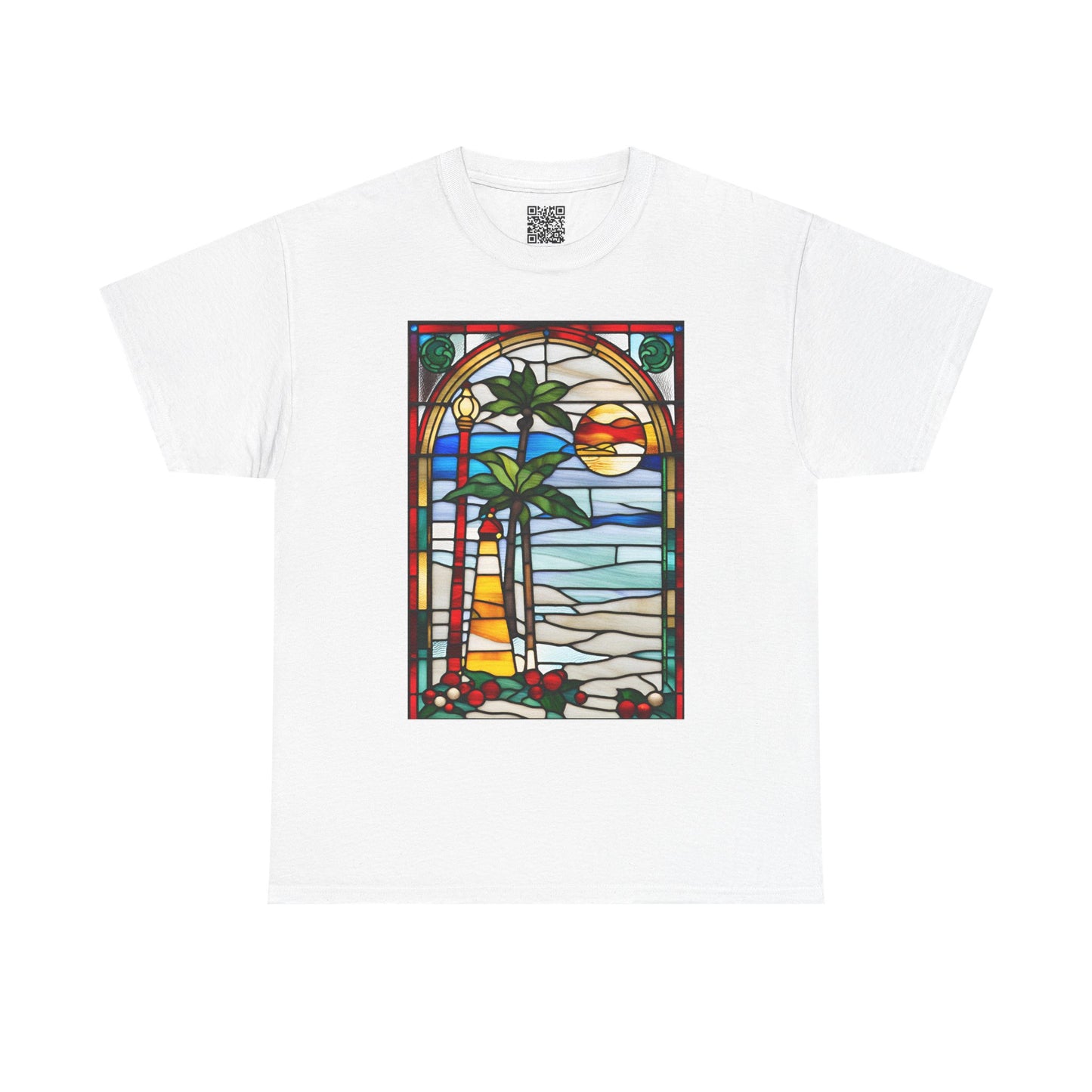 ViralDestations Tiffany Style Stained Glass Ocean Sunset Tee - Unisex Heavy Cotton T-Shirt with Relaxing Beach Scene
