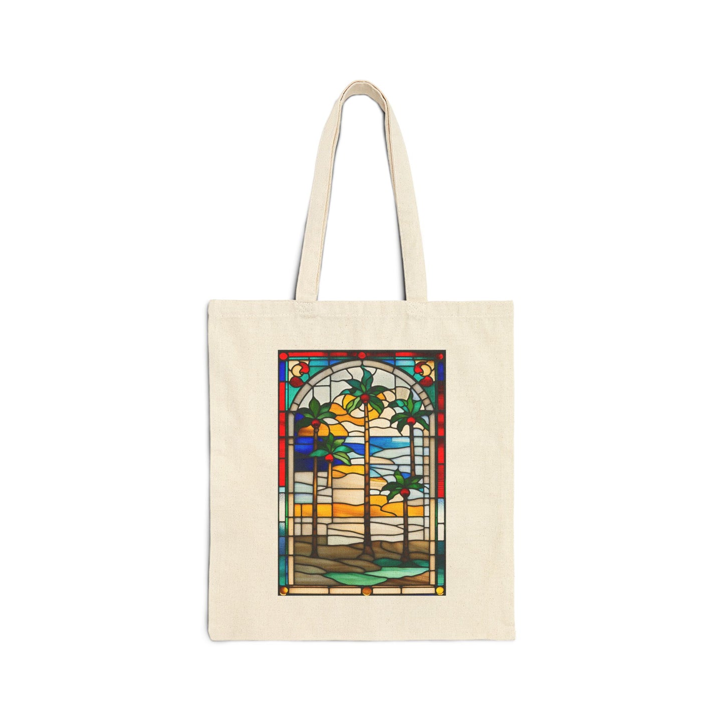 ViralDestinations Tiffany Style Stained Glass Palm Tree Cotton Canvas Tote Bag - Eco-Friendly Beach Accessory