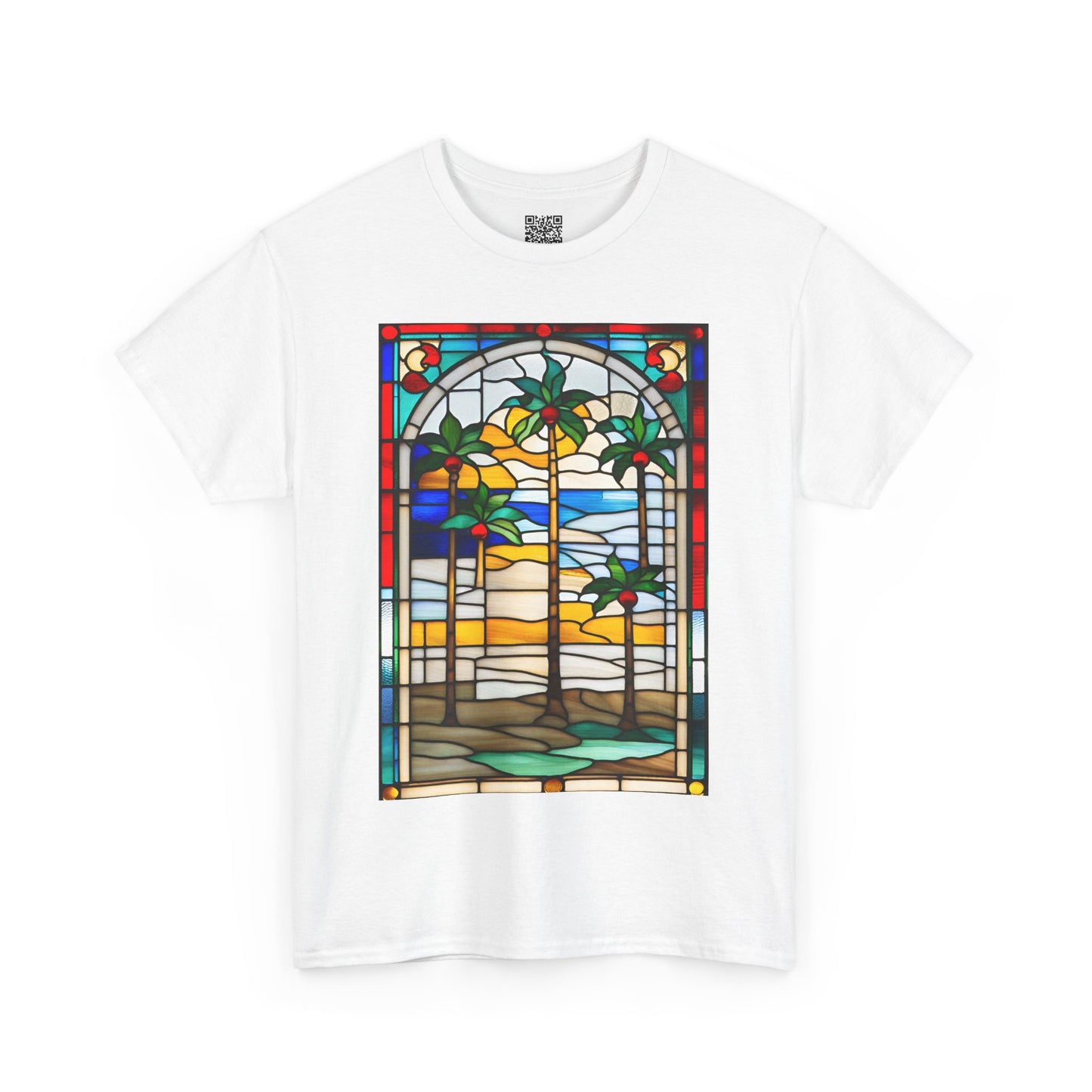 ViralDestations Tiffany Style Stained Glass Ocean Sunset Tee - Unisex Heavy Cotton T-Shirt with Relaxing Beach Scene