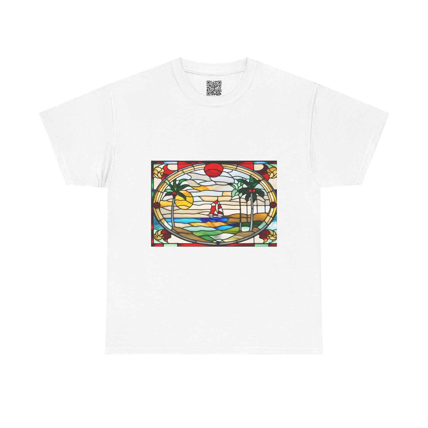 ViralDestations Tiffany Style Stained Glass Ocean Sunset Tee - Unisex Heavy Cotton T-Shirt with Relaxing Beach Scene