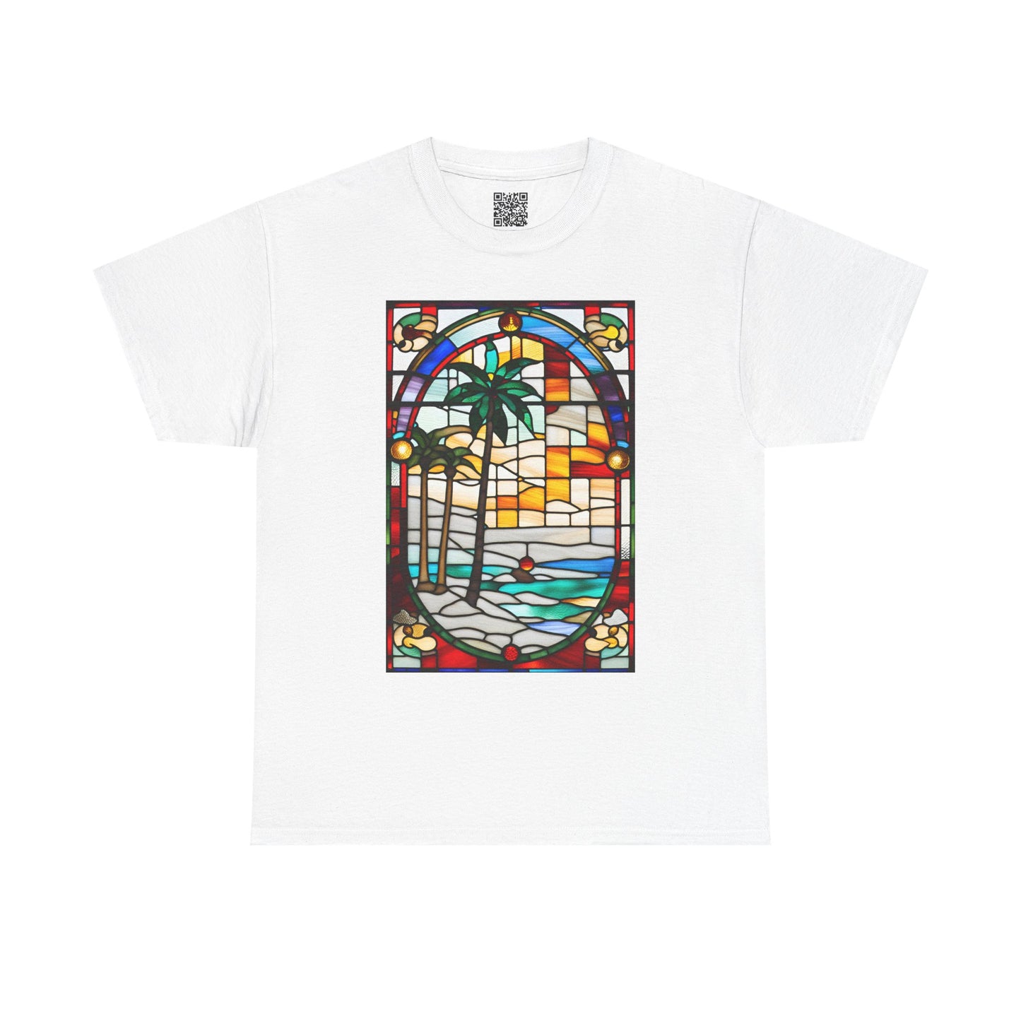 ViralDestations Tiffany Style Stained Glass Ocean Sunset Tee - Unisex Heavy Cotton T-Shirt with Relaxing Beach Scene