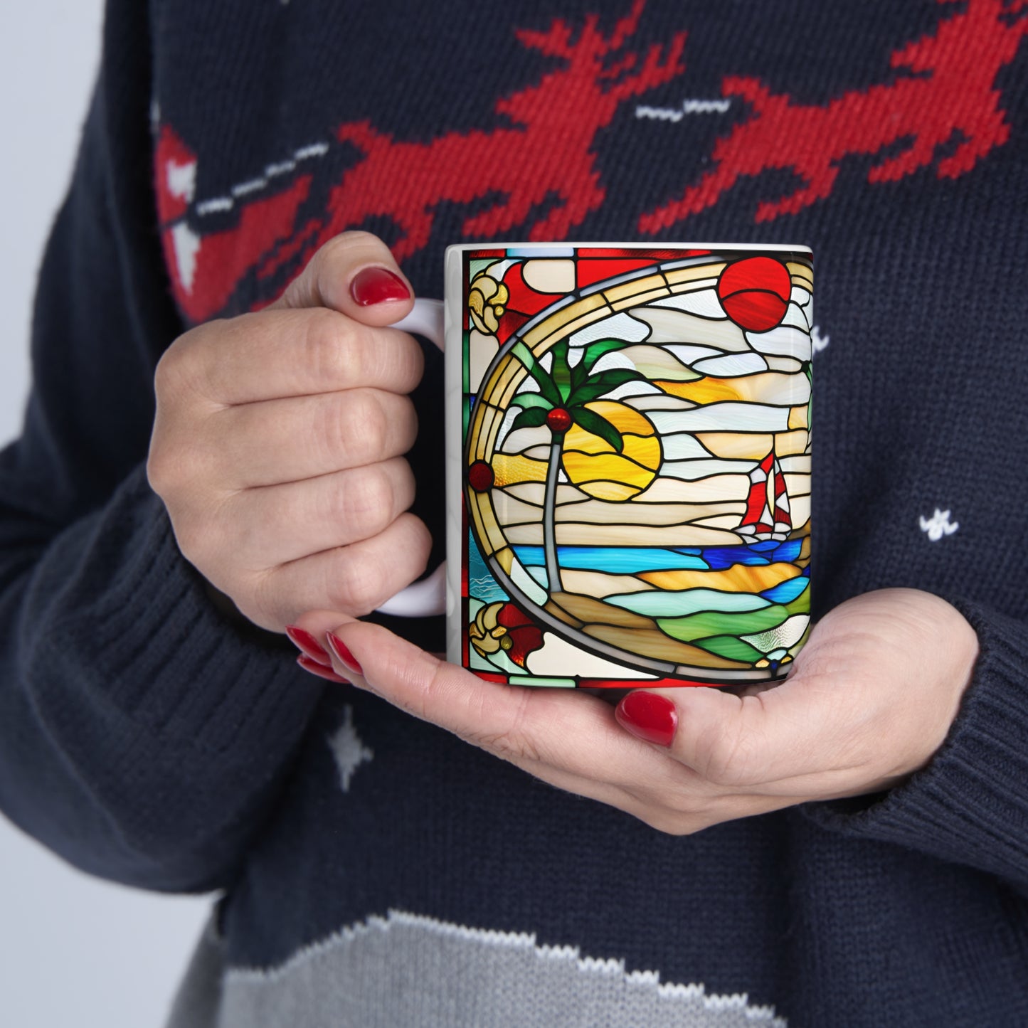 Christmas in Florida Tiffany's Studio Style wide glass print Ceramic Mug by ViralDestinations - Collectible Art at your hands