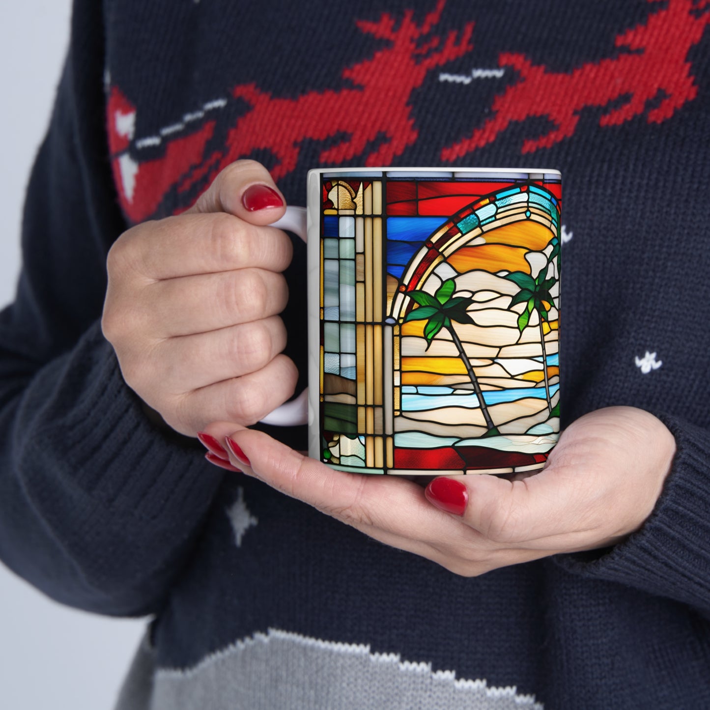 Christmas in Florida Tiffany's Studio Style wide glass print Ceramic Mug by ViralDestinations - Collectible Art at your hands
