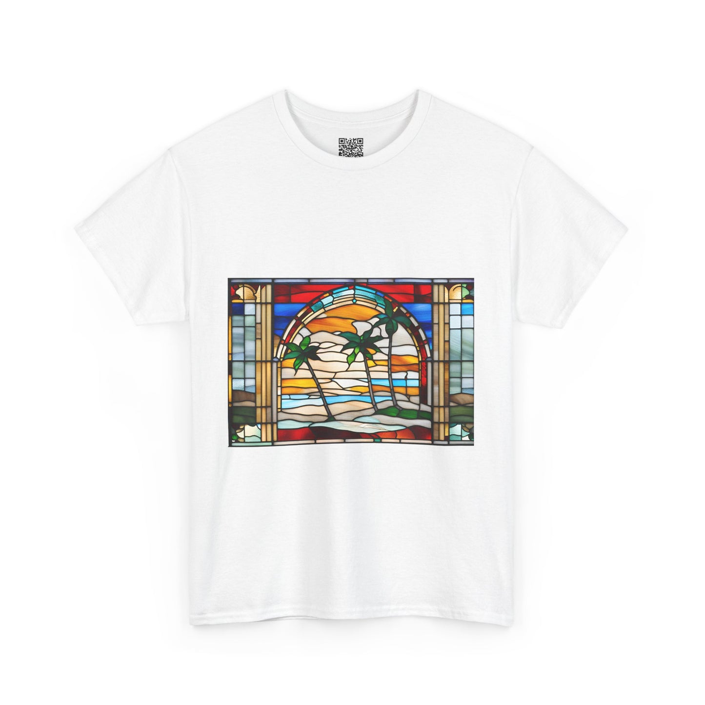 ViralDestations Tiffany Style Stained Glass Ocean Sunset Tee - Unisex Heavy Cotton T-Shirt with Relaxing Beach Scene