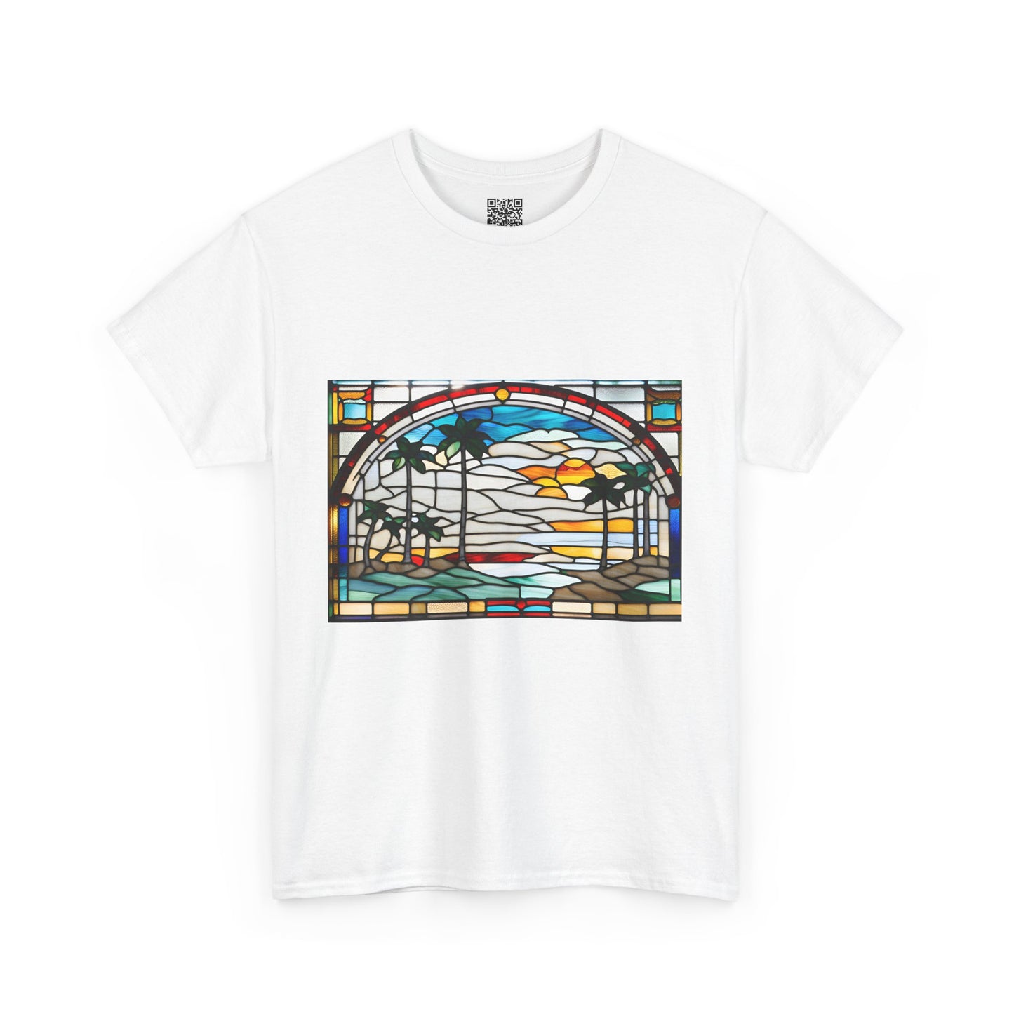 ViralDestations Tiffany Style Stained Glass Ocean Sunset Tee - Unisex Heavy Cotton T-Shirt with Relaxing Beach Scene