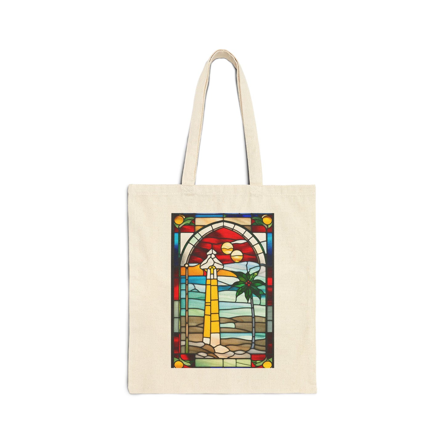 ViralDestinations Tiffany Style Stained Glass Palm Tree Cotton Canvas Tote Bag - Eco-Friendly Beach Accessory