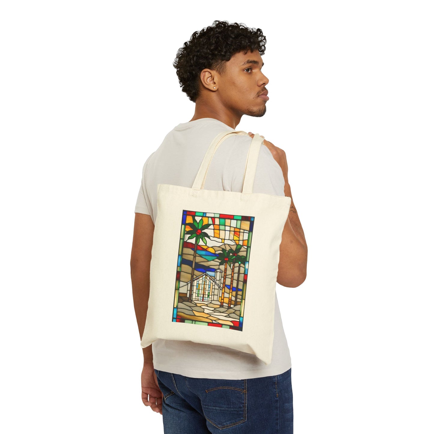 ViralDestinations Tiffany Style Stained Glass Palm Tree Cotton Canvas Tote Bag - Eco-Friendly Beach Accessory