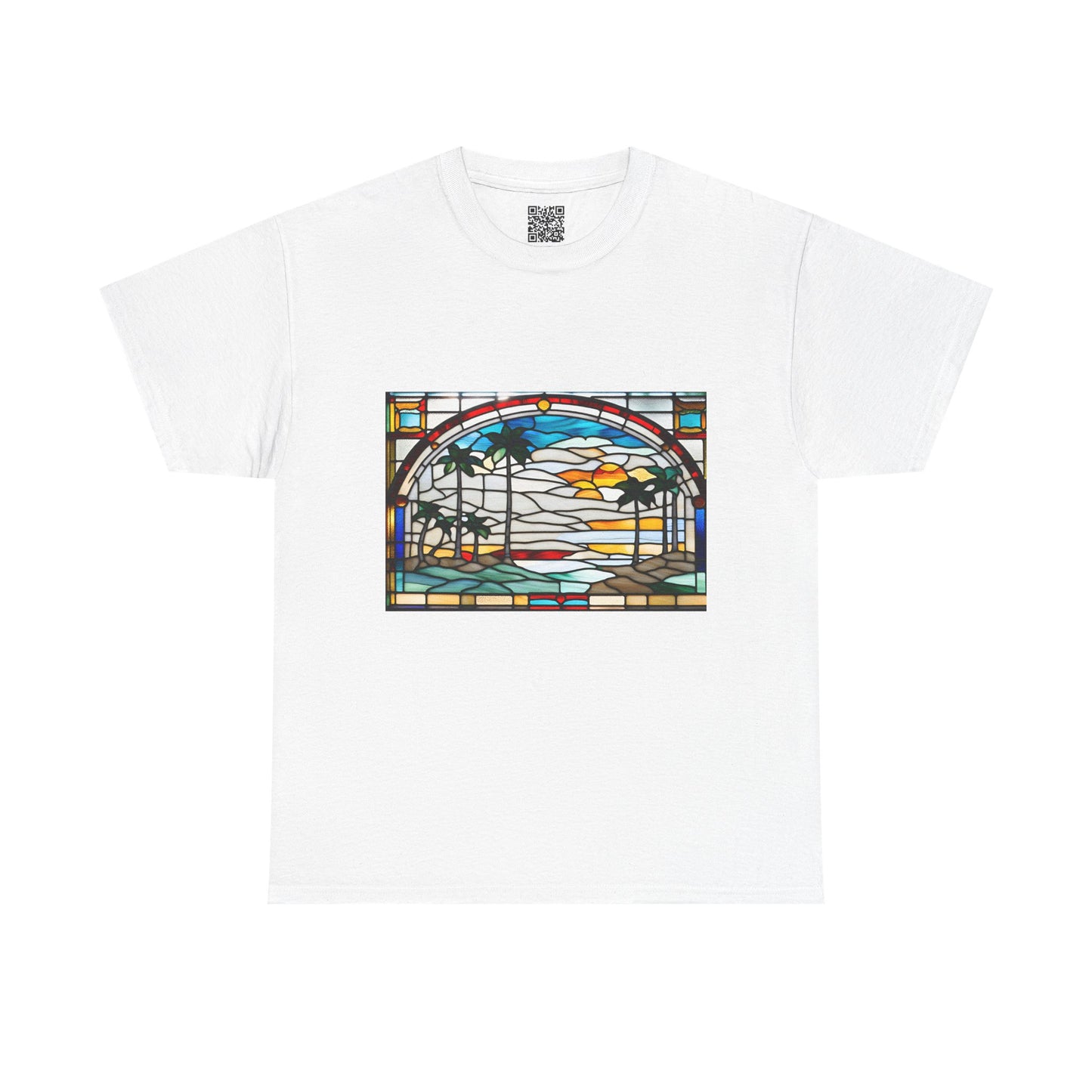 ViralDestations Tiffany Style Stained Glass Ocean Sunset Tee - Unisex Heavy Cotton T-Shirt with Relaxing Beach Scene