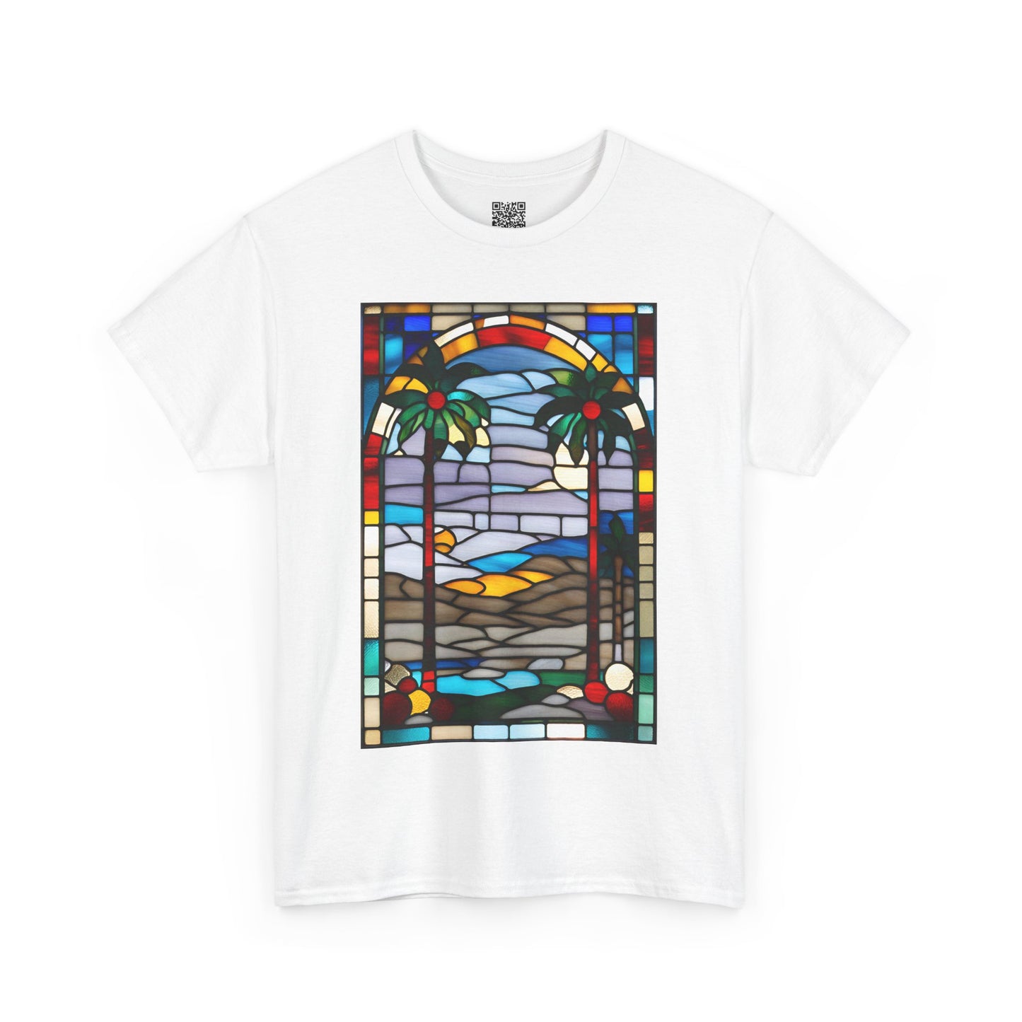 ViralDestations Tiffany Style Stained Glass Ocean Sunset Tee - Unisex Heavy Cotton T-Shirt with Relaxing Beach Scene