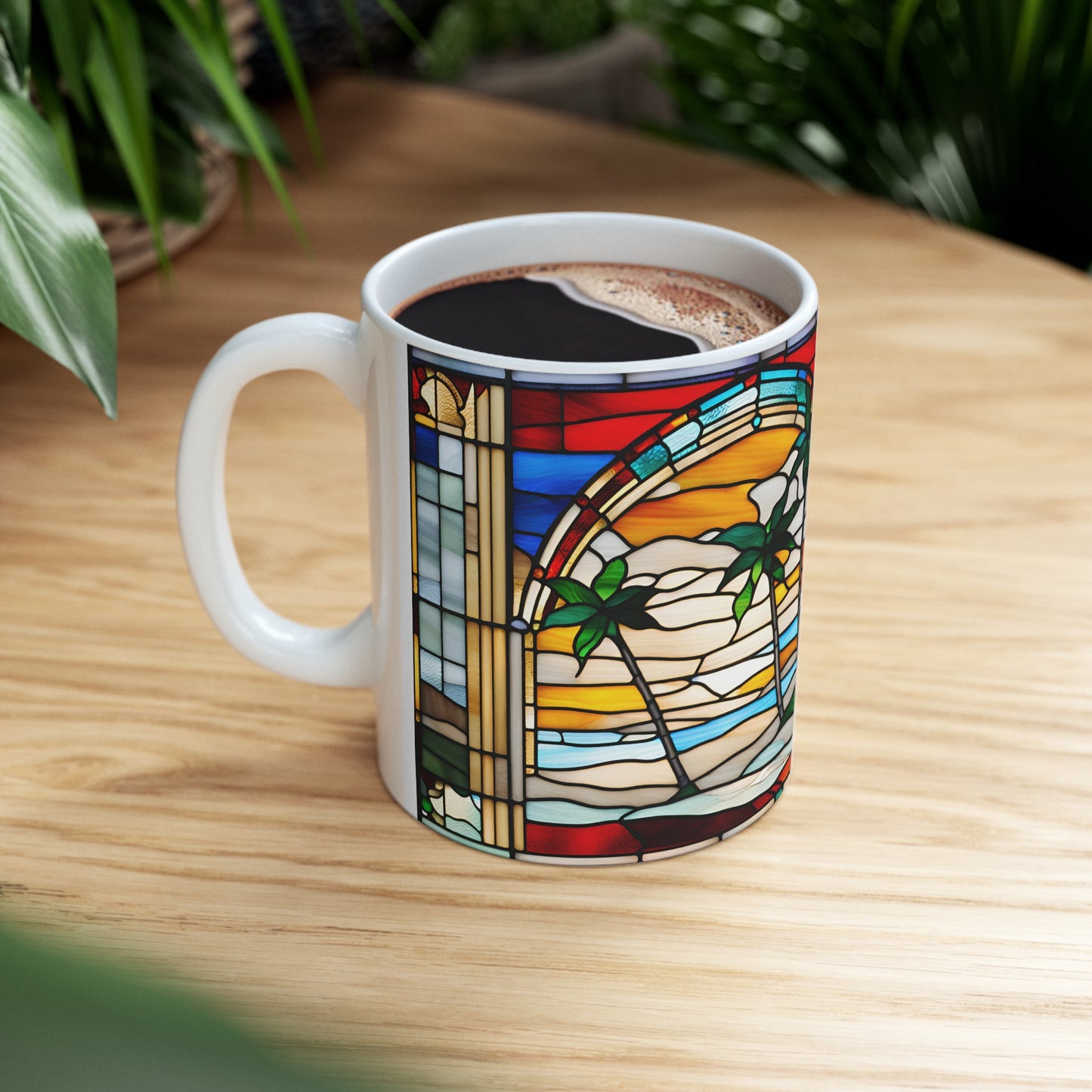 Christmas in Florida Tiffany's Studio Style wide glass print Ceramic Mug by ViralDestinations - Collectible Art at your hands