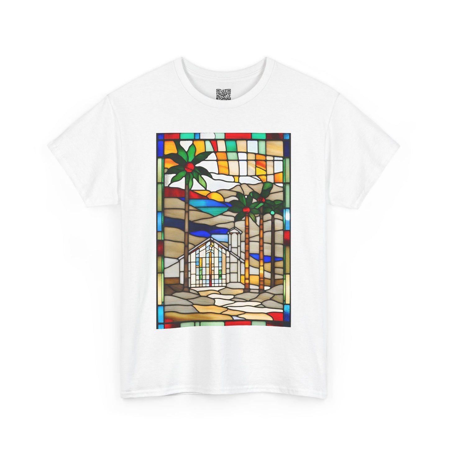 ViralDestations Tiffany Style Stained Glass Ocean Sunset Tee - Unisex Heavy Cotton T-Shirt with Relaxing Beach Scene
