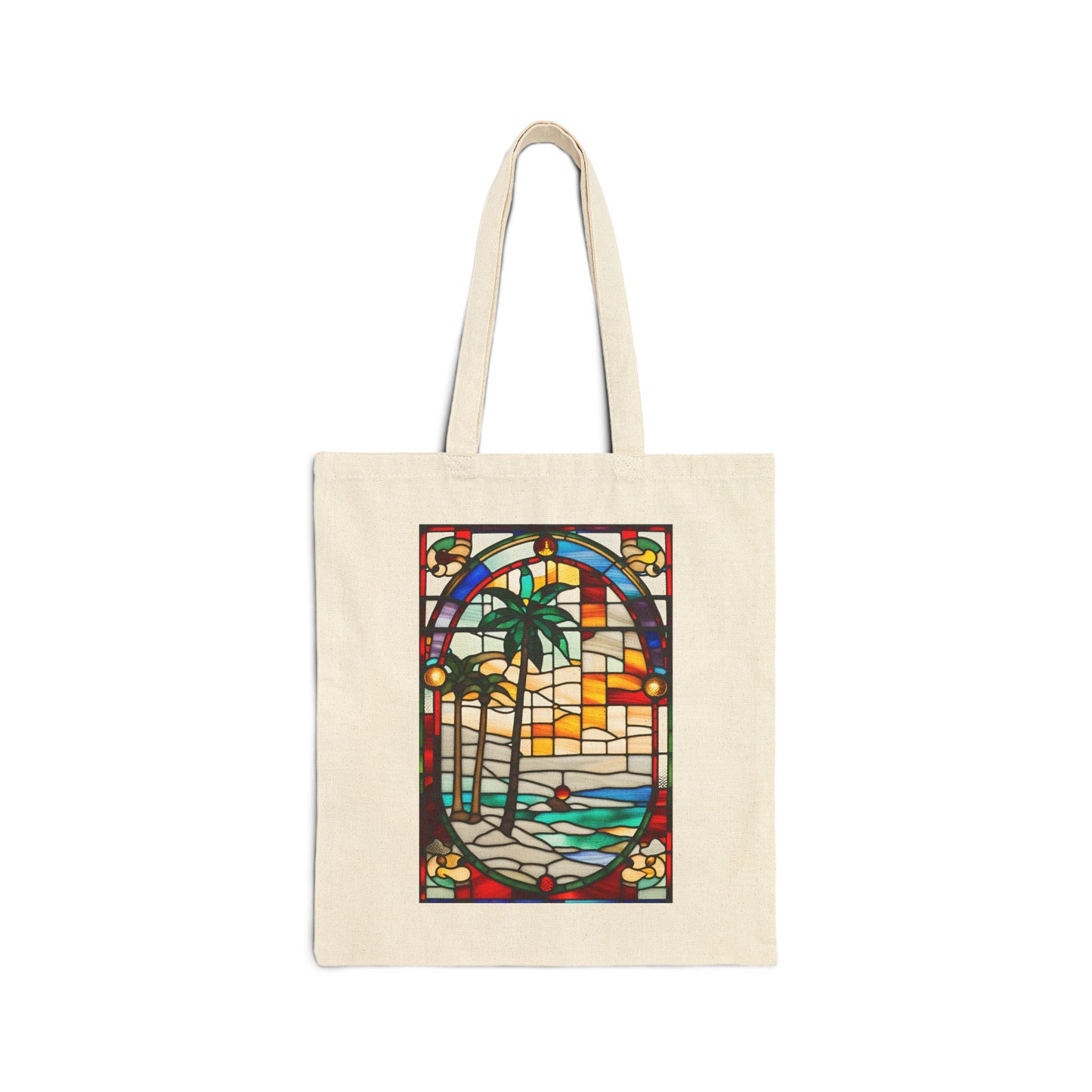 ViralDestinations Tiffany Style Stained Glass Palm Tree Cotton Canvas Tote Bag - Eco-Friendly Beach Accessory