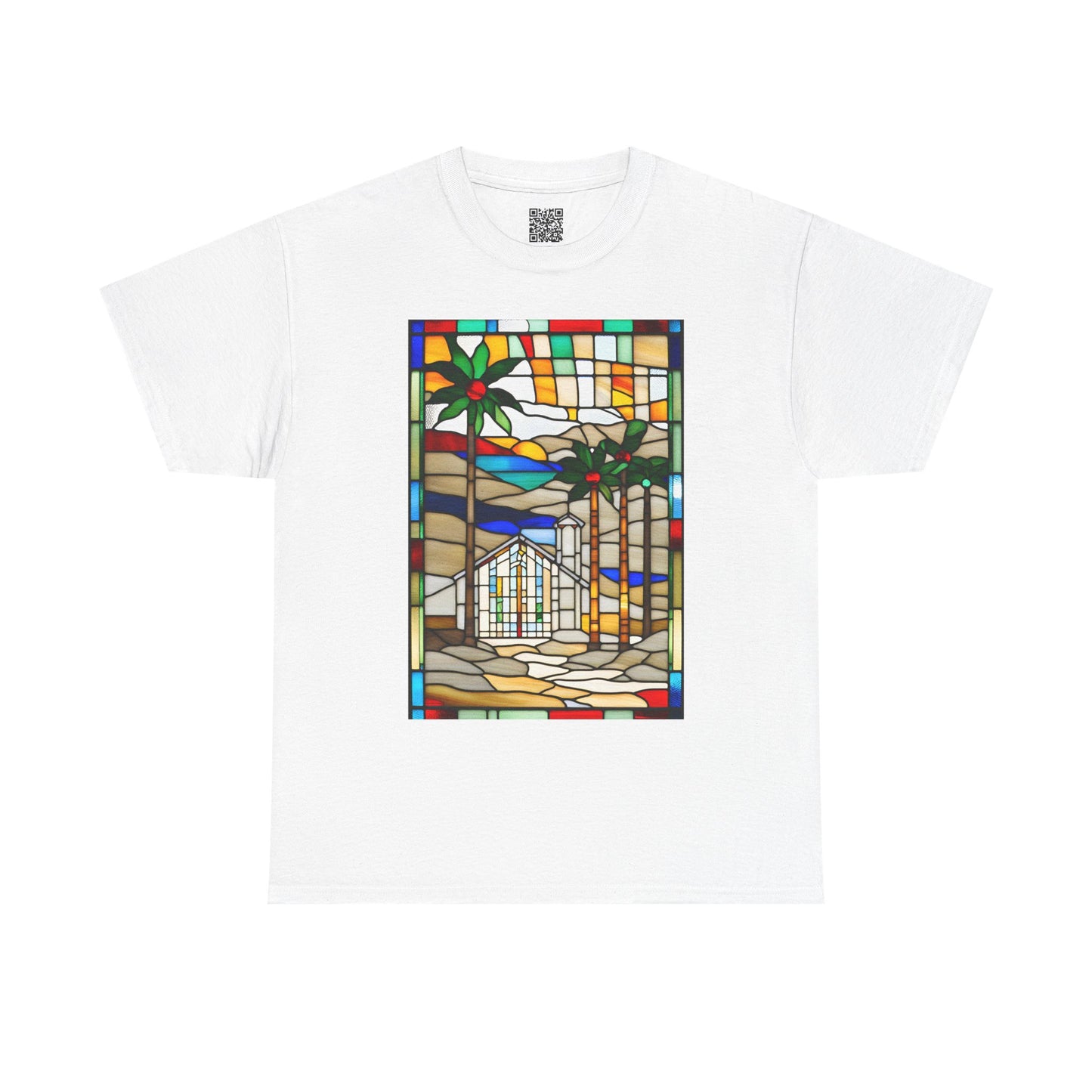 ViralDestations Tiffany Style Stained Glass Ocean Sunset Tee - Unisex Heavy Cotton T-Shirt with Relaxing Beach Scene