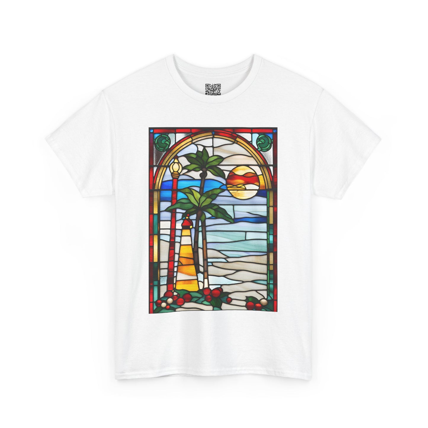 ViralDestations Tiffany Style Stained Glass Ocean Sunset Tee - Unisex Heavy Cotton T-Shirt with Relaxing Beach Scene