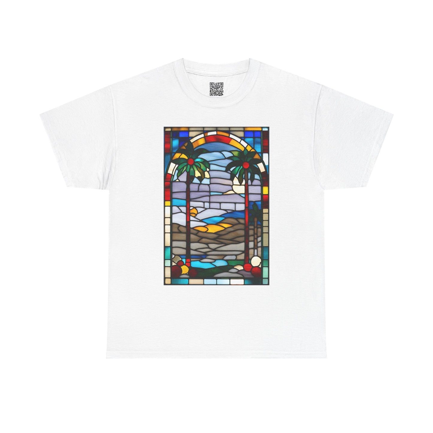 ViralDestations Tiffany Style Stained Glass Ocean Sunset Tee - Unisex Heavy Cotton T-Shirt with Relaxing Beach Scene