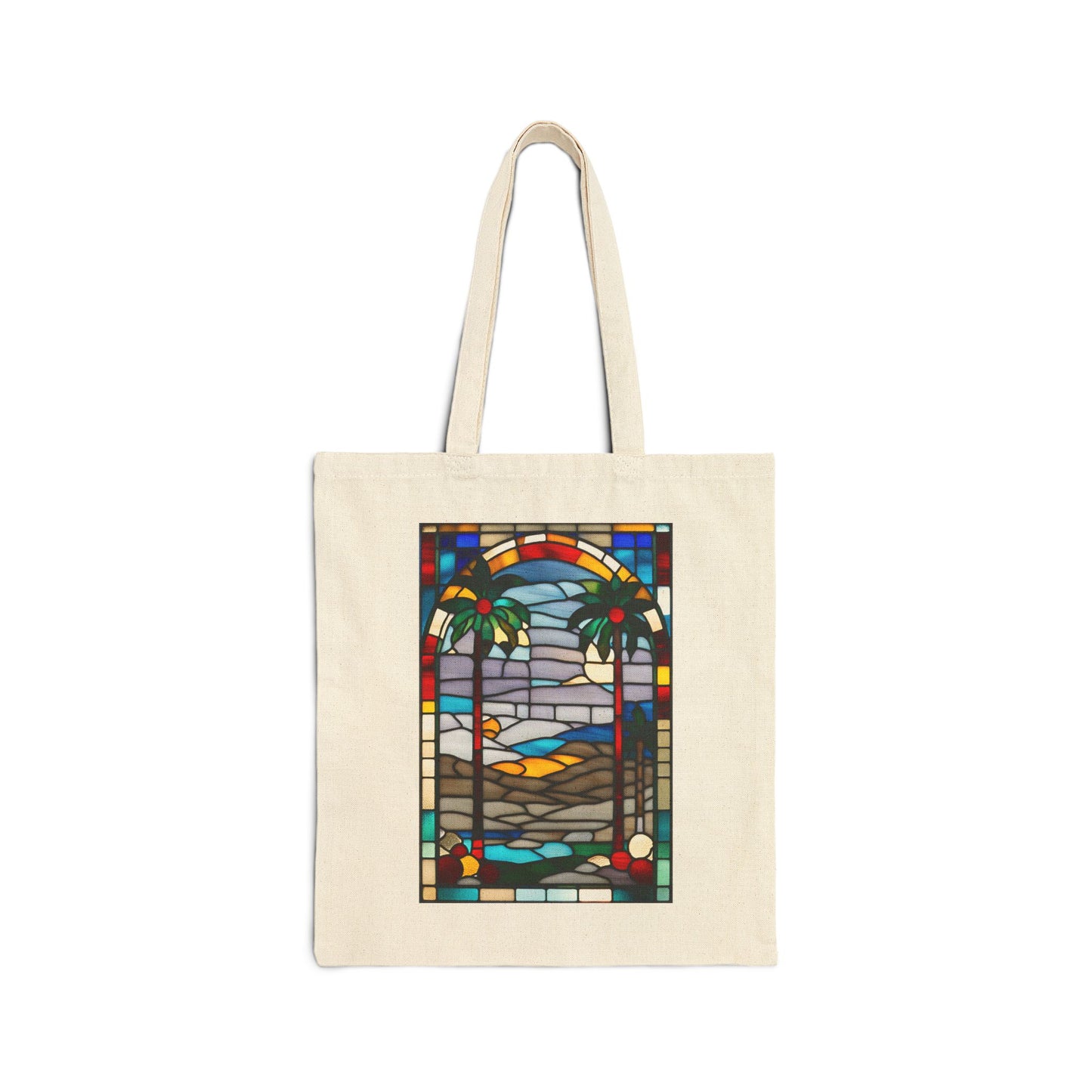 ViralDestinations Tiffany Style Stained Glass Palm Tree Cotton Canvas Tote Bag - Eco-Friendly Beach Accessory