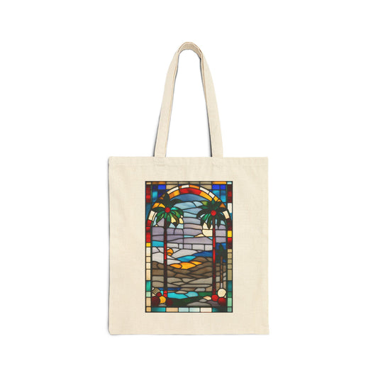 ViralDestinations Tiffany Style Stained Glass Palm Tree Cotton Canvas Tote Bag - Eco-Friendly Beach Accessory