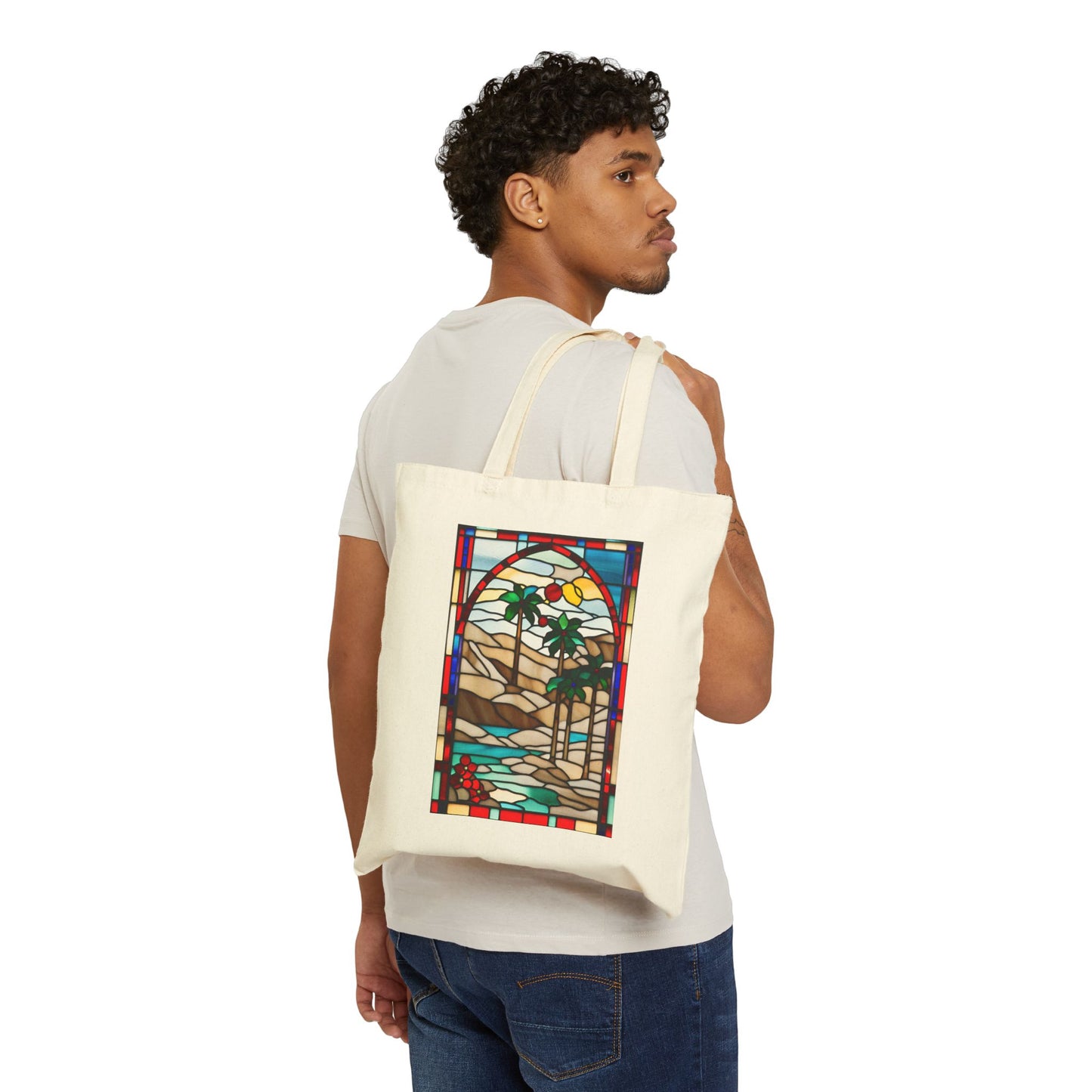 ViralDestinations Tiffany Style Stained Glass Palm Tree Cotton Canvas Tote Bag - Eco-Friendly Beach Accessory