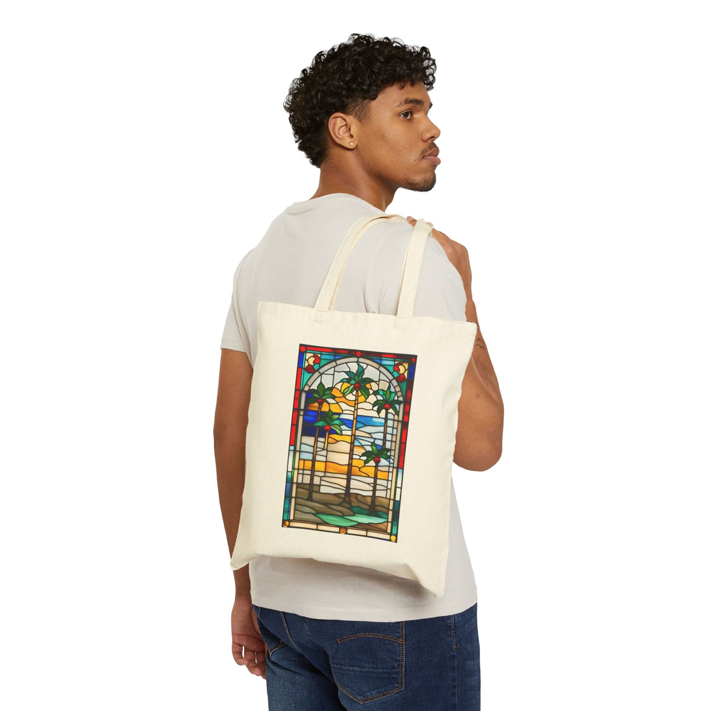 ViralDestinations Tiffany Style Stained Glass Palm Tree Cotton Canvas Tote Bag - Eco-Friendly Beach Accessory