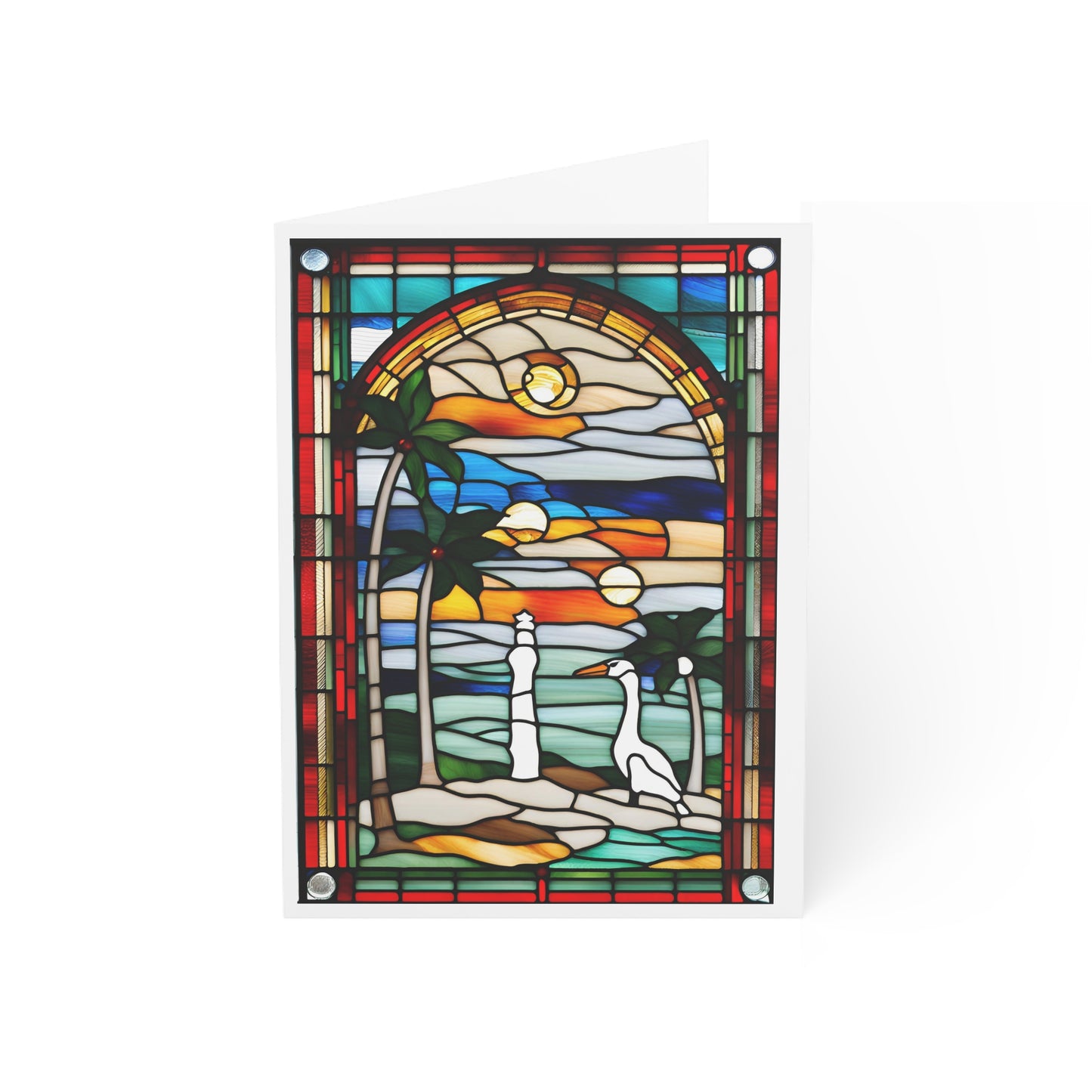 Christmas Thanksgiving Holidays Tranquil Beach Scene with Goose Greeting Cards Tiffany Studio Style w/ envelopes by The Art Shop