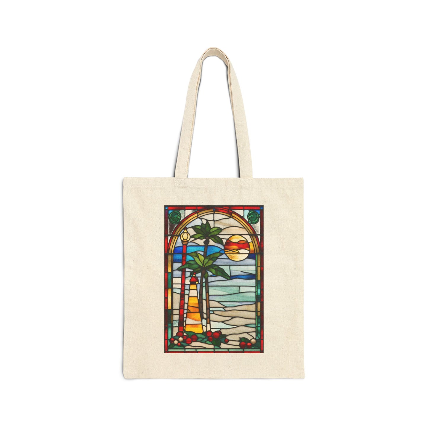 ViralDestinations Tiffany Style Stained Glass Palm Tree Cotton Canvas Tote Bag - Eco-Friendly Beach Accessory
