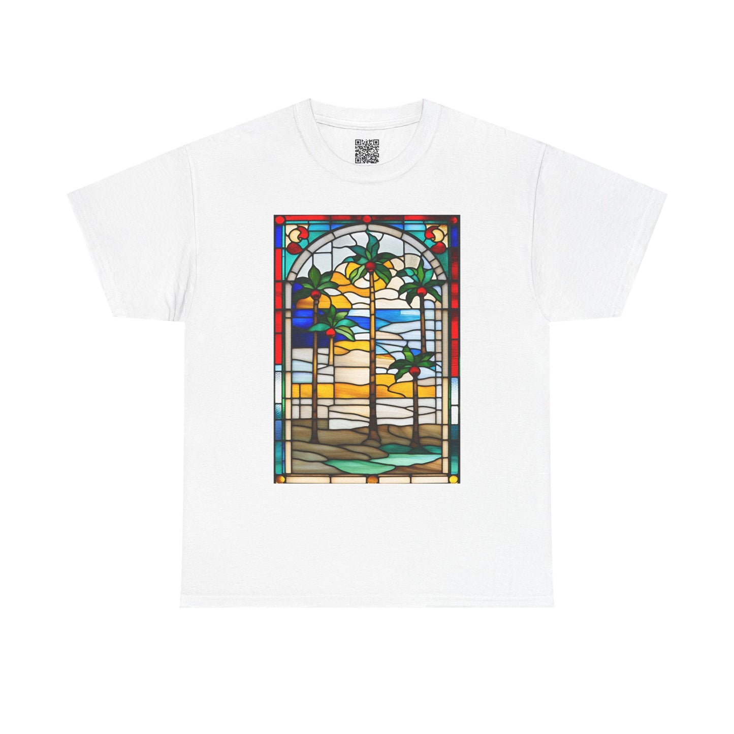 ViralDestations Tiffany Style Stained Glass Ocean Sunset Tee - Unisex Heavy Cotton T-Shirt with Relaxing Beach Scene