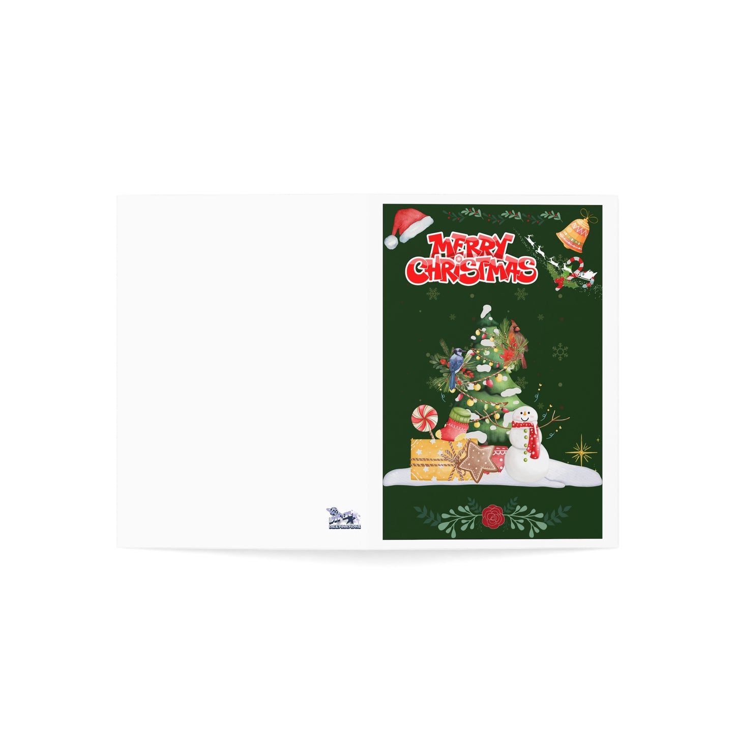 Merry Christmas Holiday Greeting Cards Melting Snowman Birds Party 10pcs w/ envelopes by ViralDestinations - green w/ borders
