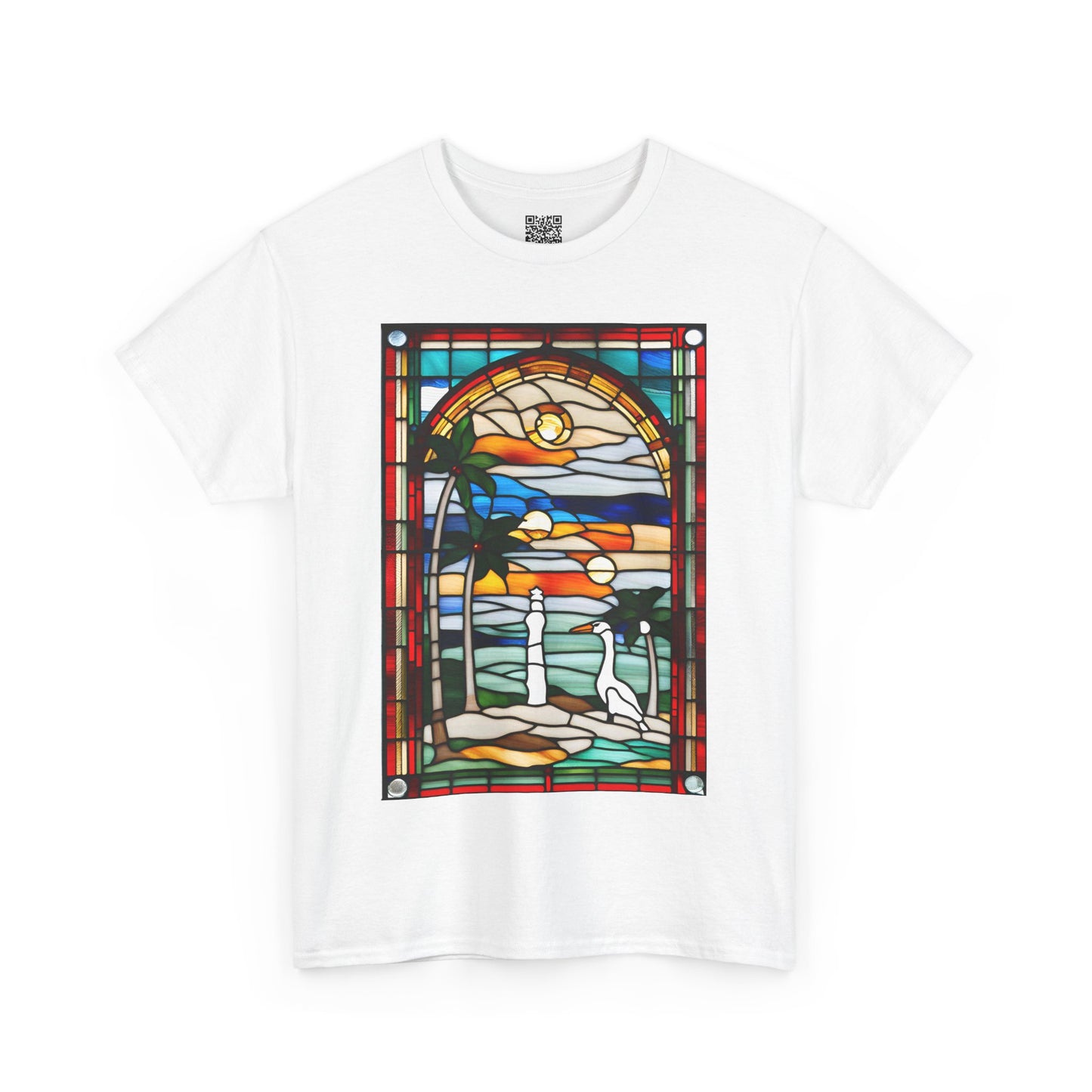 ViralDestations Tiffany Style Stained Glass Ocean Sunset Tee - Unisex Heavy Cotton T-Shirt with Relaxing Beach Scene