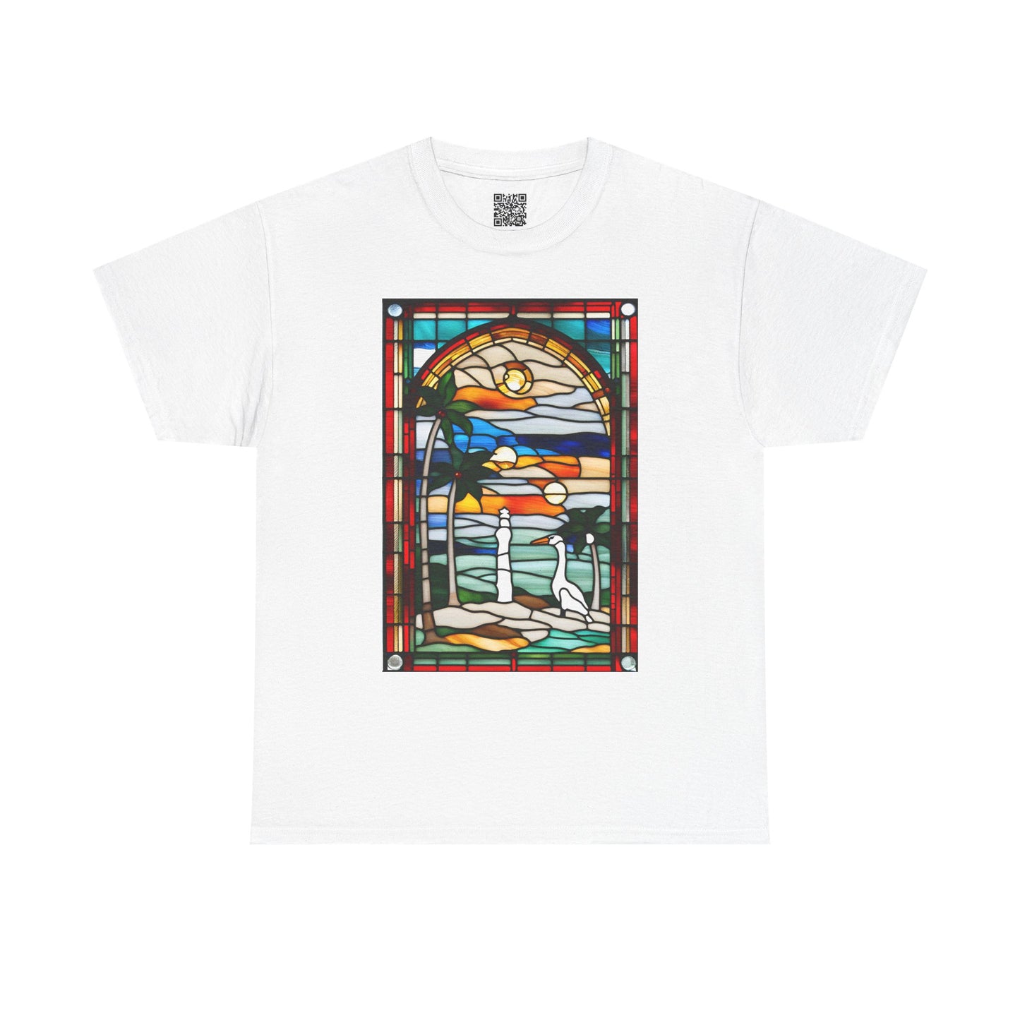 ViralDestations Tiffany Style Stained Glass Ocean Sunset Tee - Unisex Heavy Cotton T-Shirt with Relaxing Beach Scene