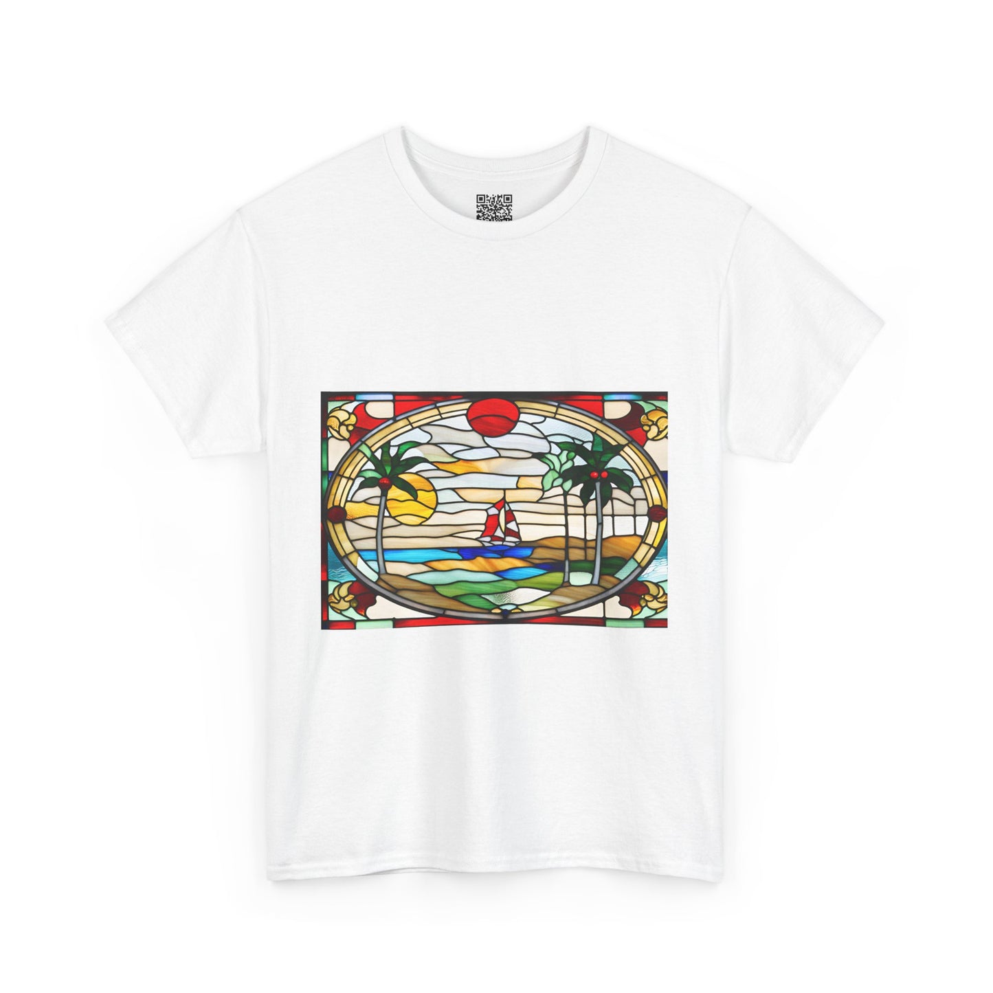 ViralDestations Tiffany Style Stained Glass Ocean Sunset Tee - Unisex Heavy Cotton T-Shirt with Relaxing Beach Scene