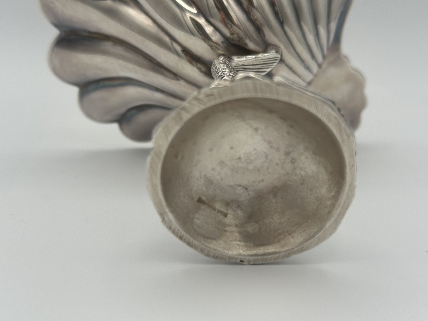 Fine Antique English Silver Master Salt Cellar w/ a dolphin-shaped base and a shell-shaped bowl