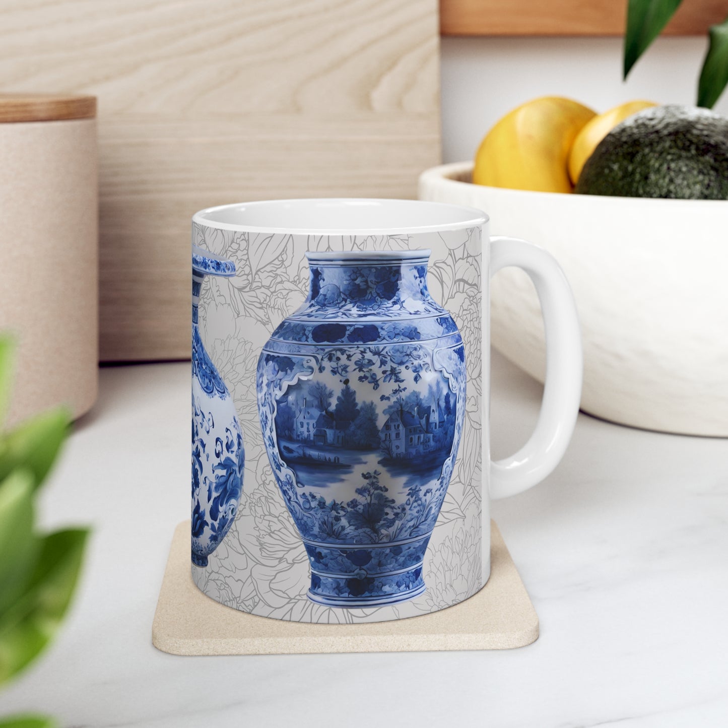 Antique Delft Blue Floral Vase with Floral Background Interior Decor Still Life Premium Quality Ceramic Mug