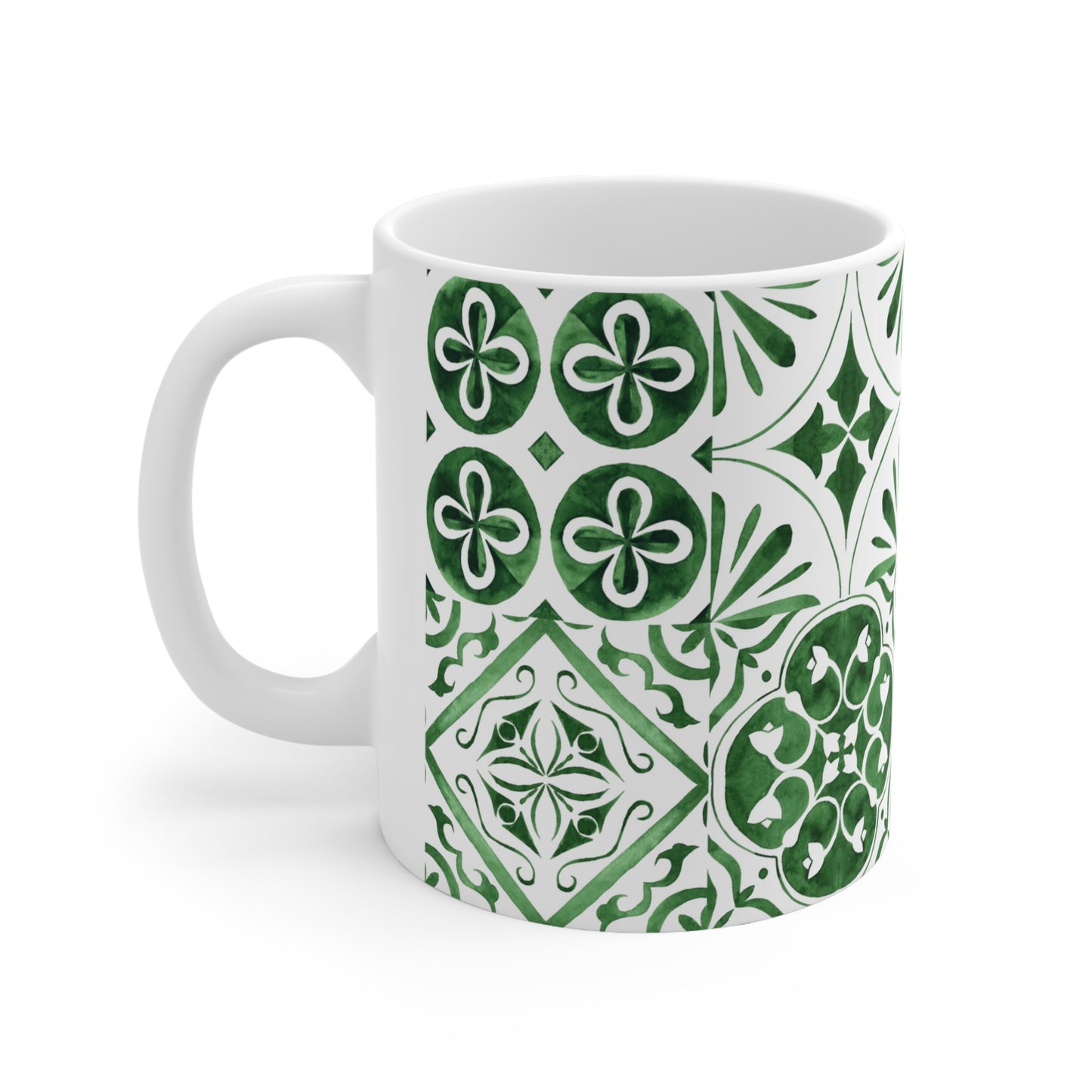 Green Wash Floral Tile Patterned Interior Decor Still Life Premium Quality Ceramic Mug