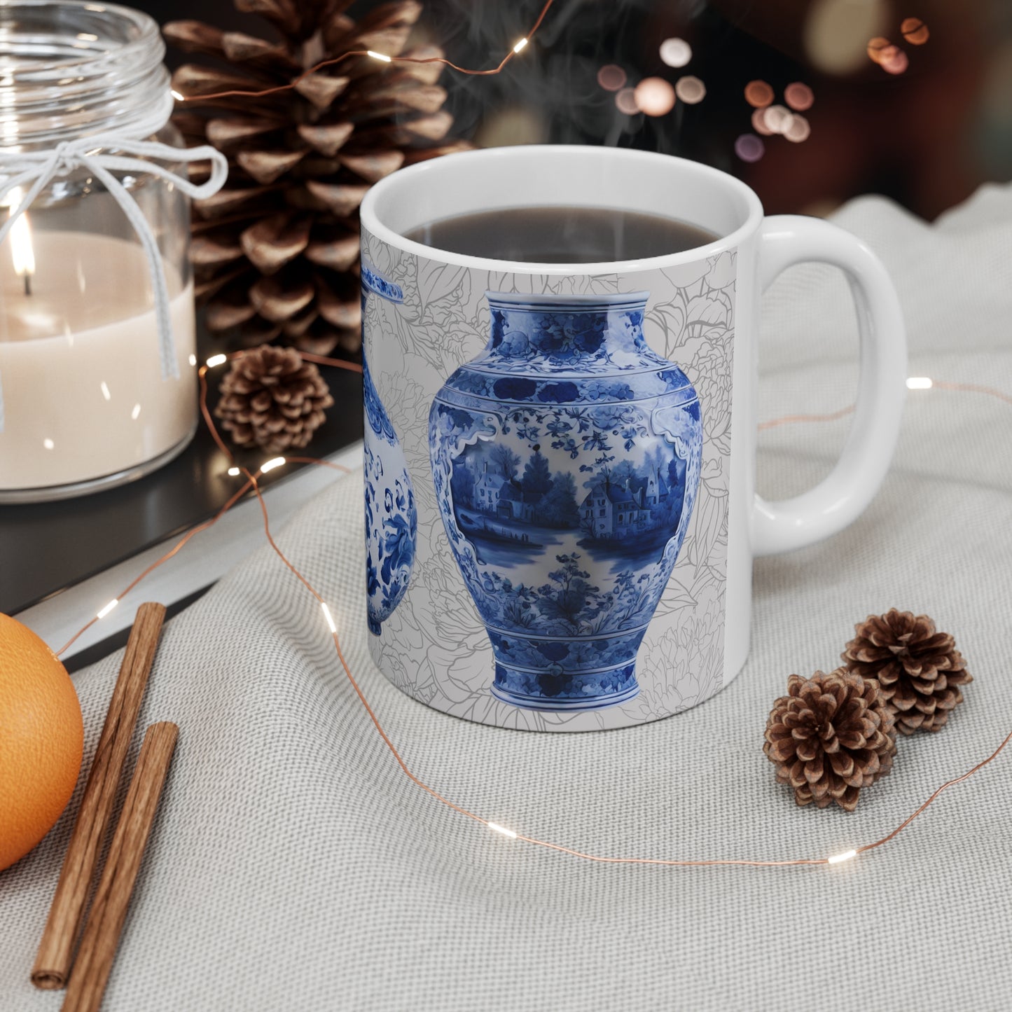 Antique Delft Blue Floral Vase with Floral Background Interior Decor Still Life Premium Quality Ceramic Mug