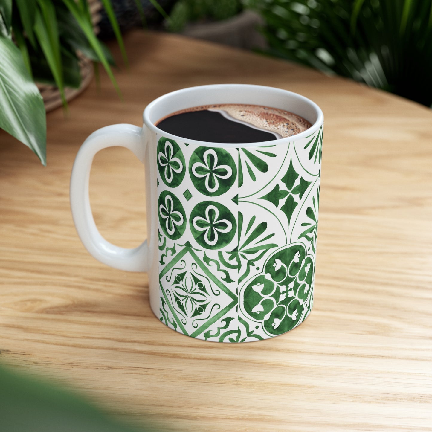 Green Wash Floral Tile Patterned Interior Decor Still Life Premium Quality Ceramic Mug