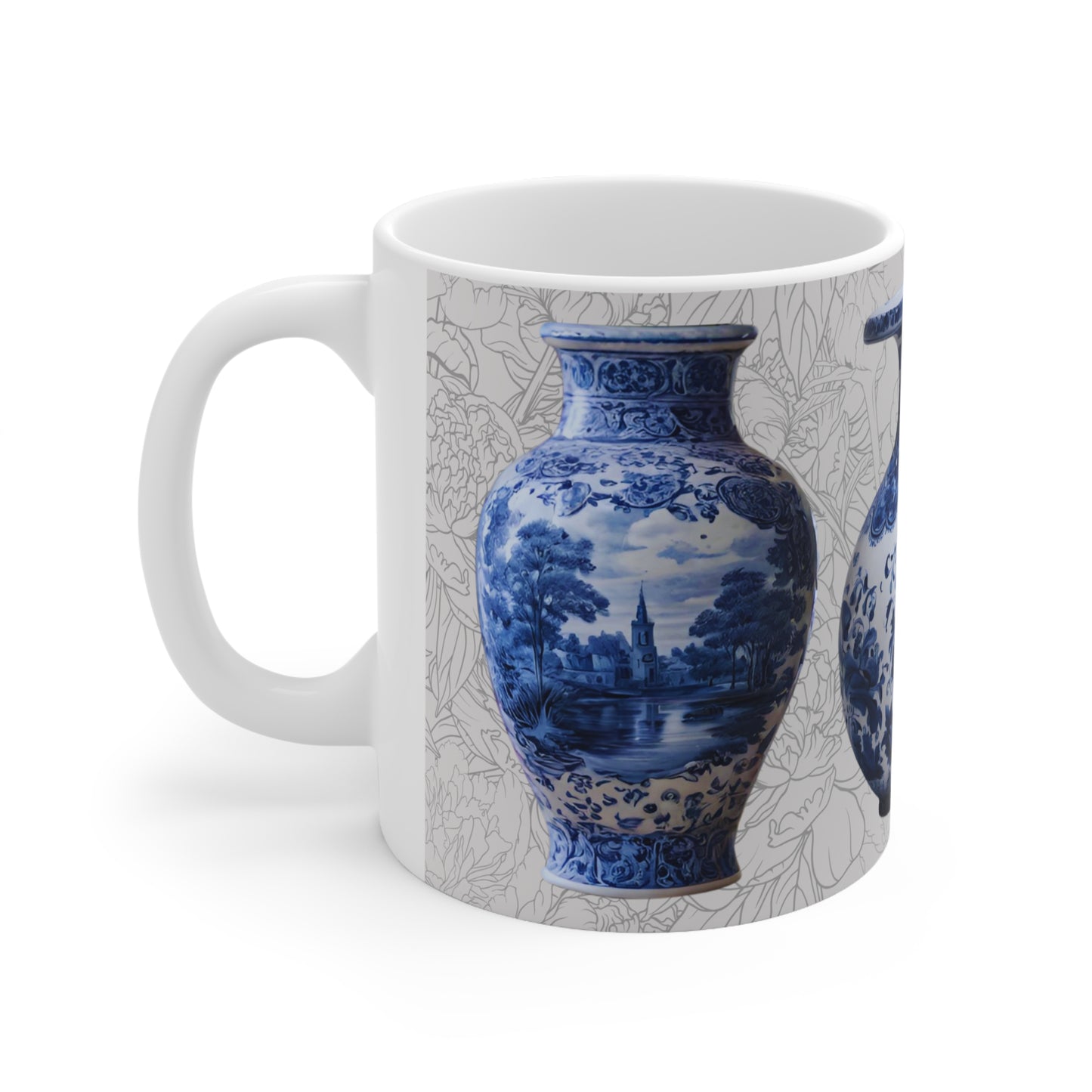 Antique Delft Blue Floral Vase with Floral Background Interior Decor Still Life Premium Quality Ceramic Mug