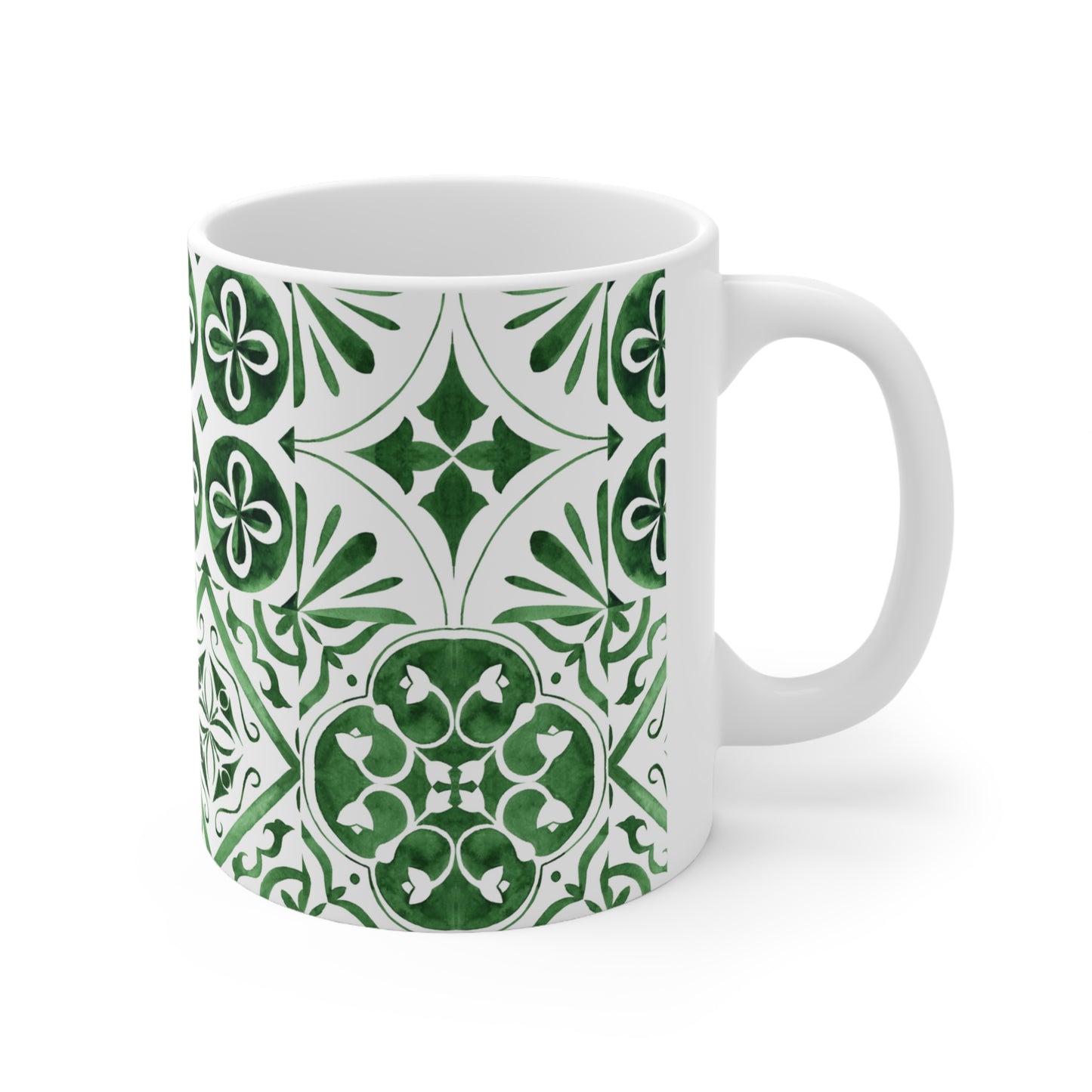 Green Wash Floral Tile Patterned Interior Decor Still Life Premium Quality Ceramic Mug