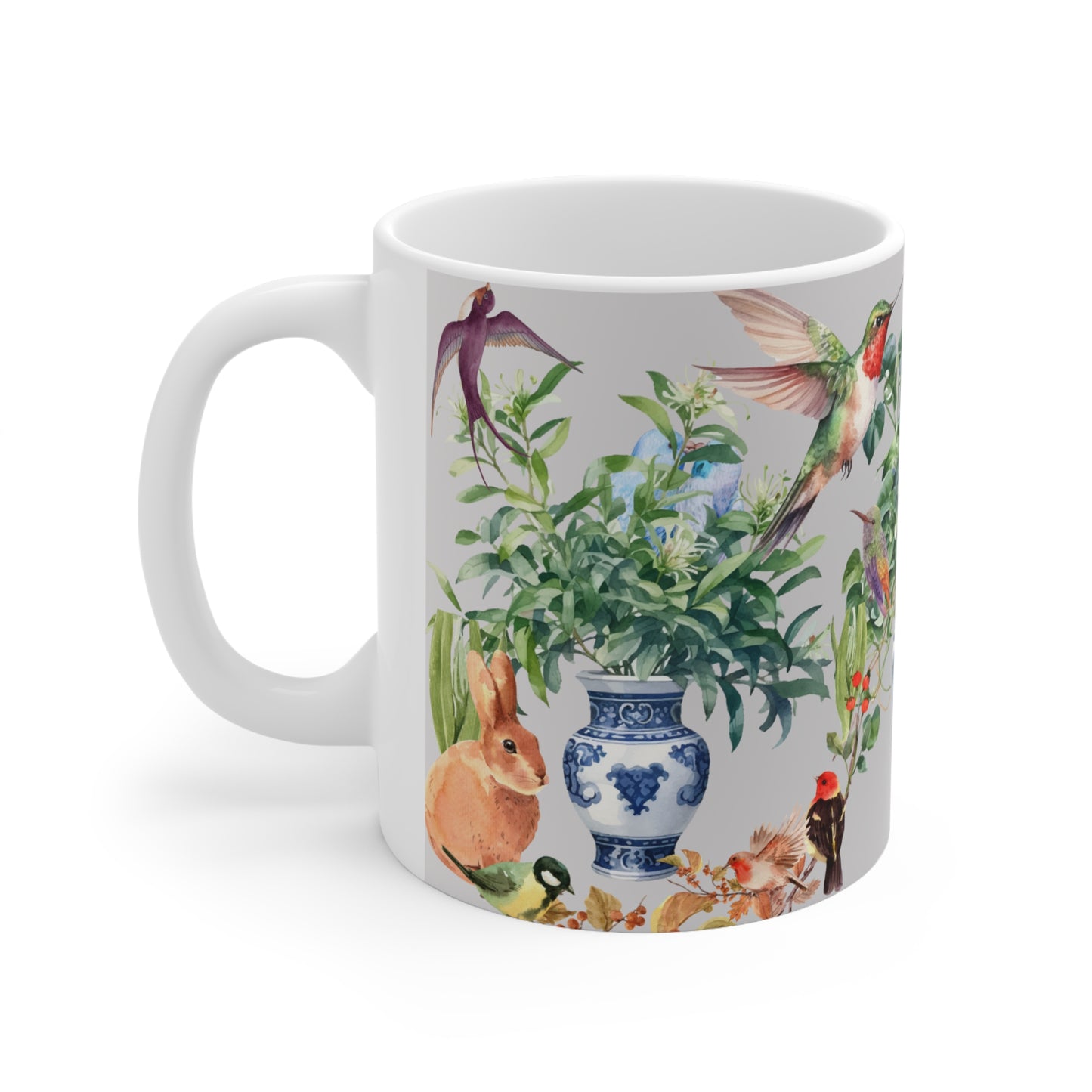 Modern Still Life Scene with Delft Blue Vases, House Plants, Birds and Bunny Ceramic Mug by ViralDestinations™