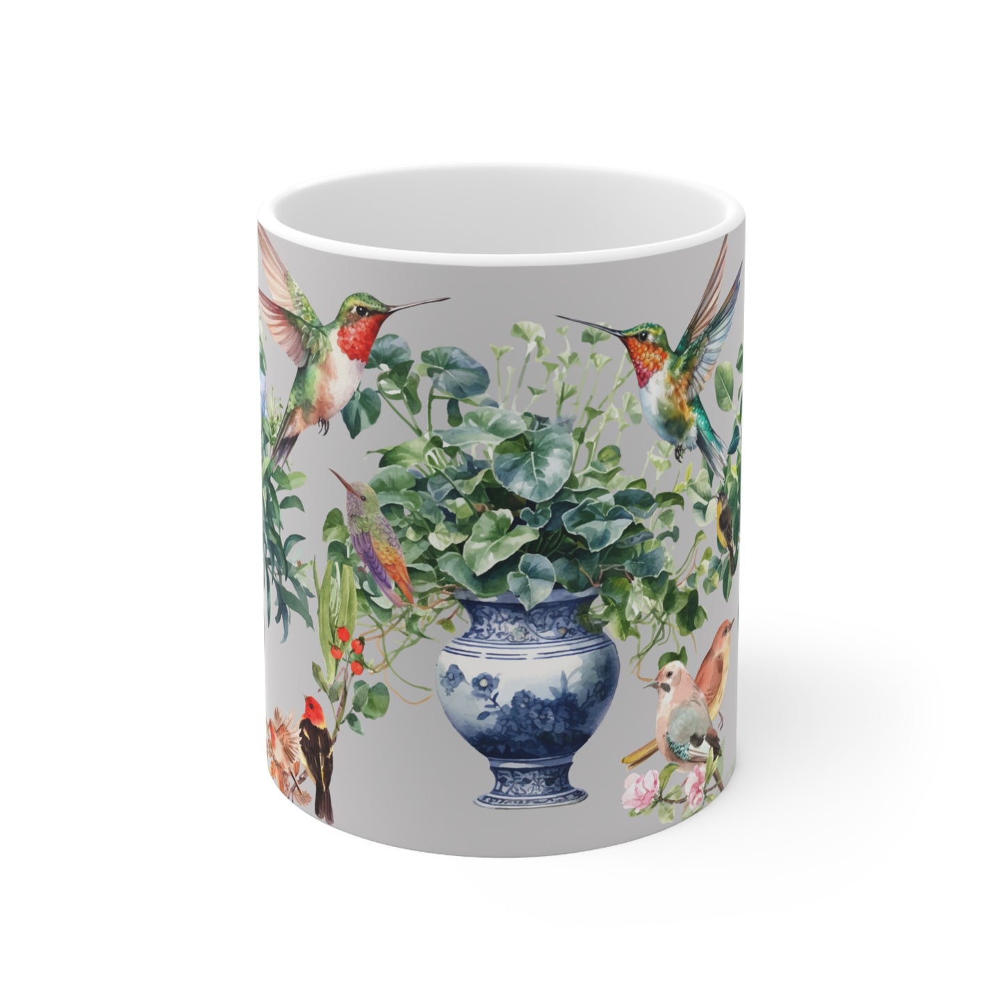 Modern Still Life Scene with Delft Blue Vases, House Plants, Birds and Bunny Ceramic Mug by ViralDestinations™