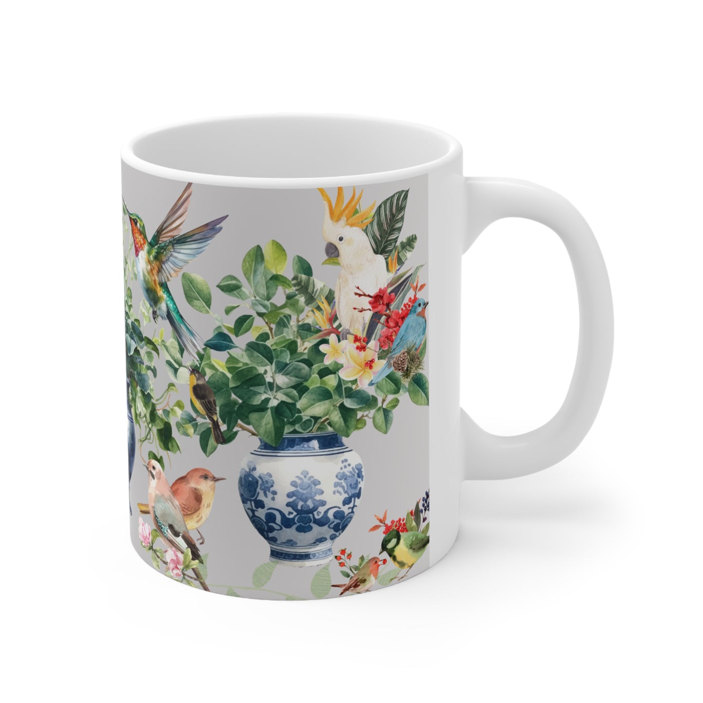 Modern Still Life Scene with Delft Blue Vases, House Plants, Birds and Bunny Ceramic Mug by ViralDestinations™