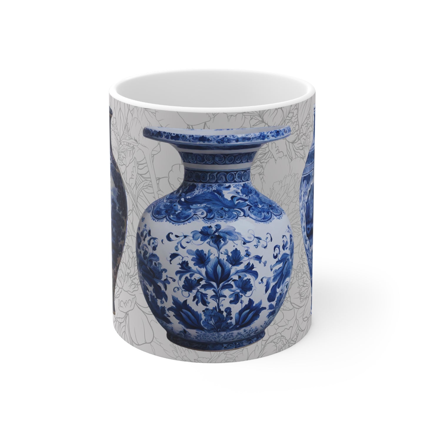 Antique Delft Blue Floral Vase with Floral Background Interior Decor Still Life Premium Quality Ceramic Mug